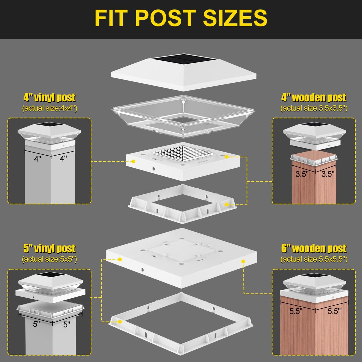 T-SUN Solar Post Cap Lights, 6 Pack – Warm & Cool White, Waterproof, Fits 4x4/5x5/6x6 Posts