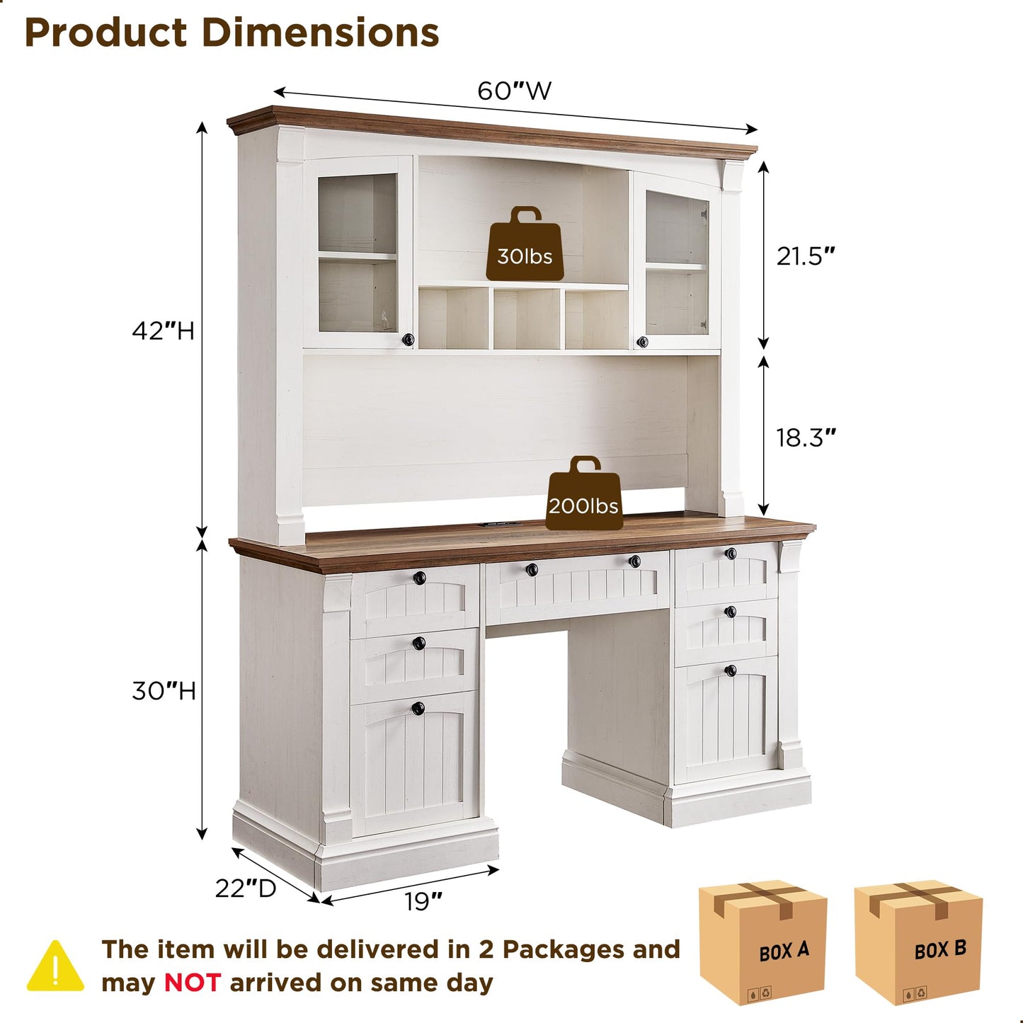 OKD 60" Executive Desk with Drawers, Farmhouse Home Office Desk with Charging Station, Keyboard Tray, File Cabinet Storage, Wood Computer Desk for Work and Study, Antique White