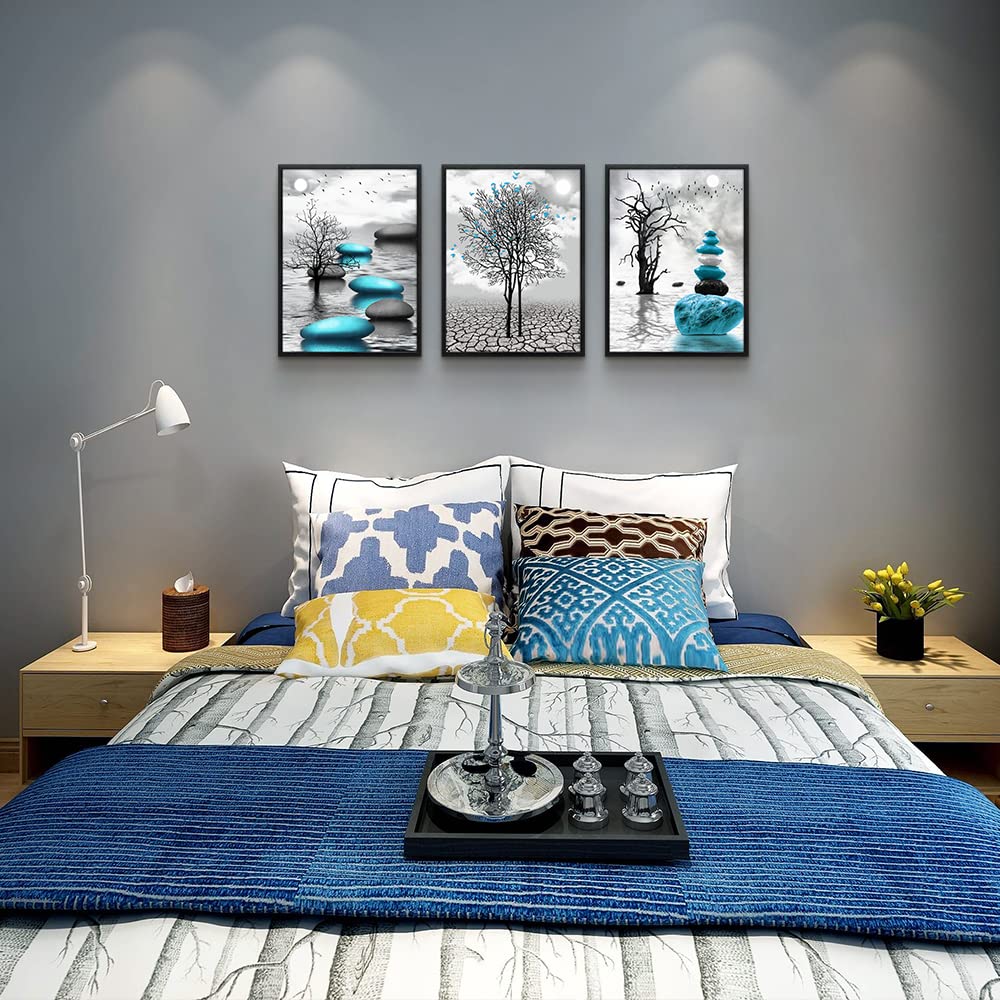 Art mural sur toile pour salon Décoration murale pour chambre Salle de bain Peintures en noir et blanc Impressions d'art sur toile encadrées modernes en 3 parties Prêtes à accrocher Images abstraites bleues inspirantes Décorations pour la maison 