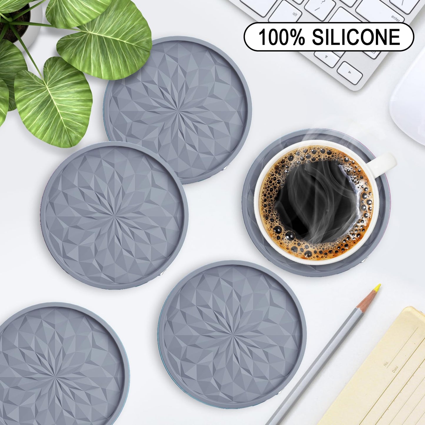 ME.FAN Silicone Coasters [6 Pack] Coasters with Holder - Drinking Coasters - Cup Mat for Drinks - Live for Hot or Cold Drink Thickened, Non-Slip, Non-stick, Deep Tray Teal Blue