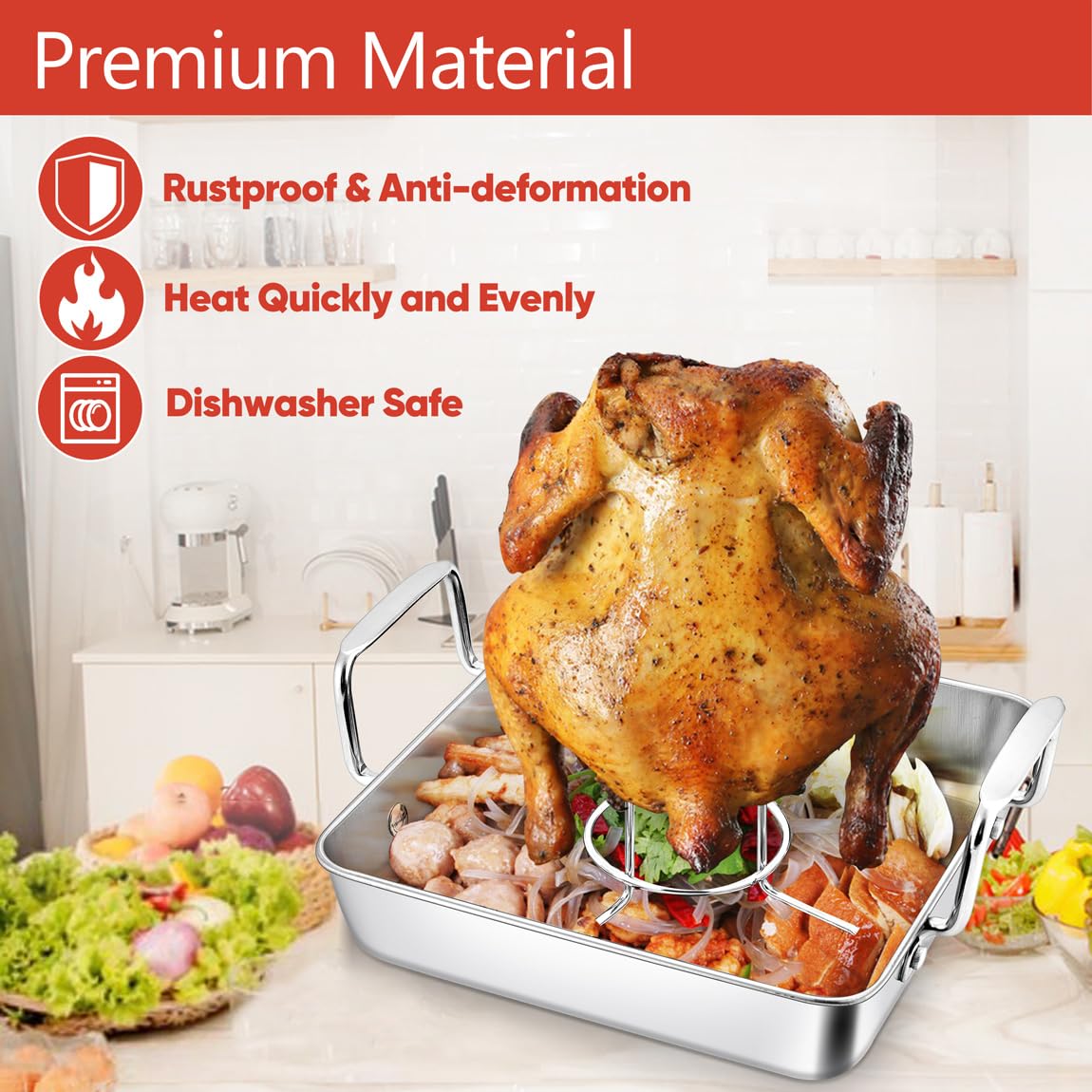 15.3 Inch Roasting Pan with Rack Set of 3(Deep Broiling Pan & V-shaped Rack & Flat Cooling Rack), Herogo Stainless Steel Turkey Roaster Pan for Thanksgiving Christmas, Dishwasher Safe