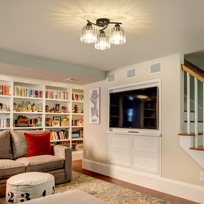 3-Light Crystal Semi Flush Mount Ceiling Light | Black Modern Fixture for Kitchen, Hallway & Bedroom