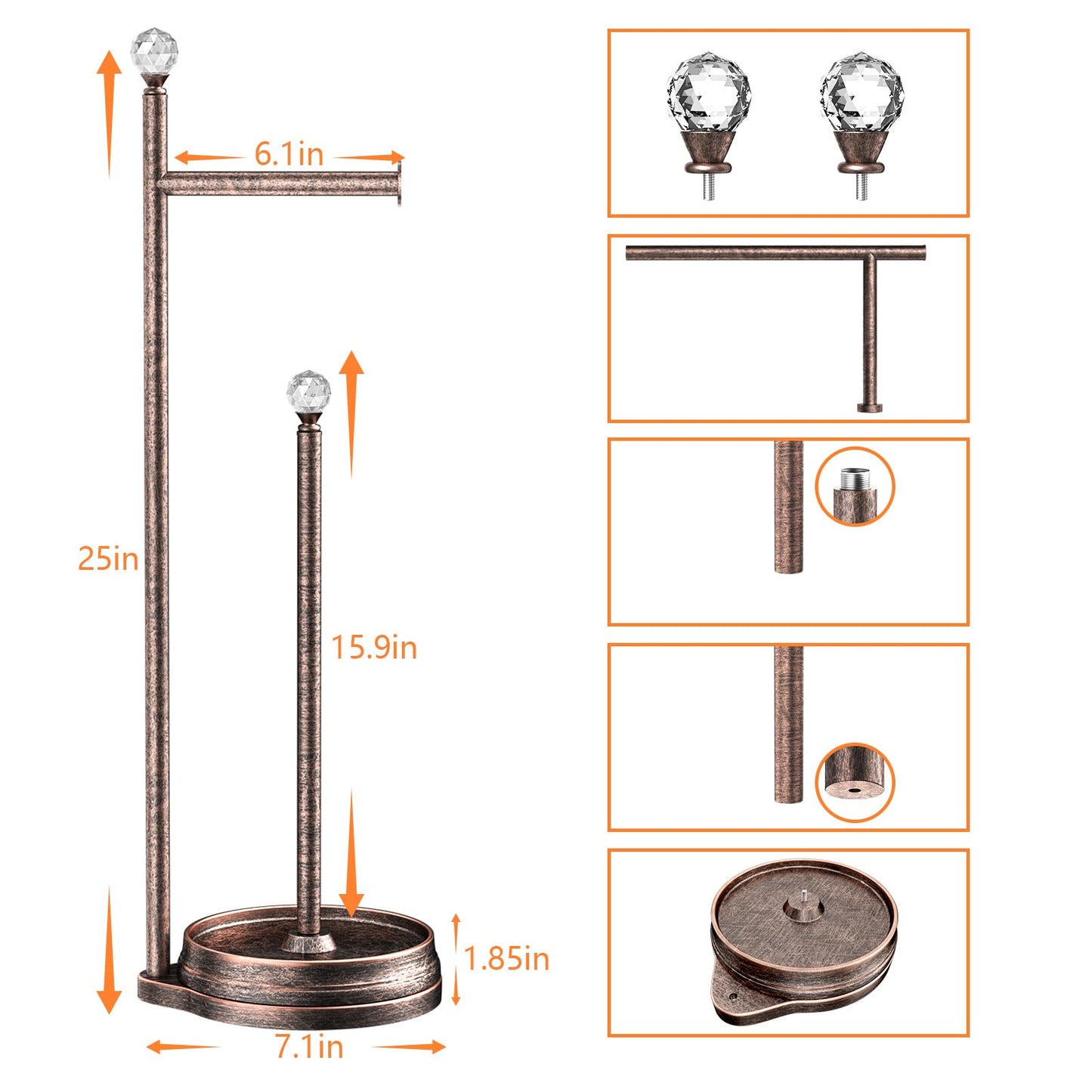 Weighted Freestanding Toilet Paper Holder – Metal Bathroom Stand with Crystal Accent