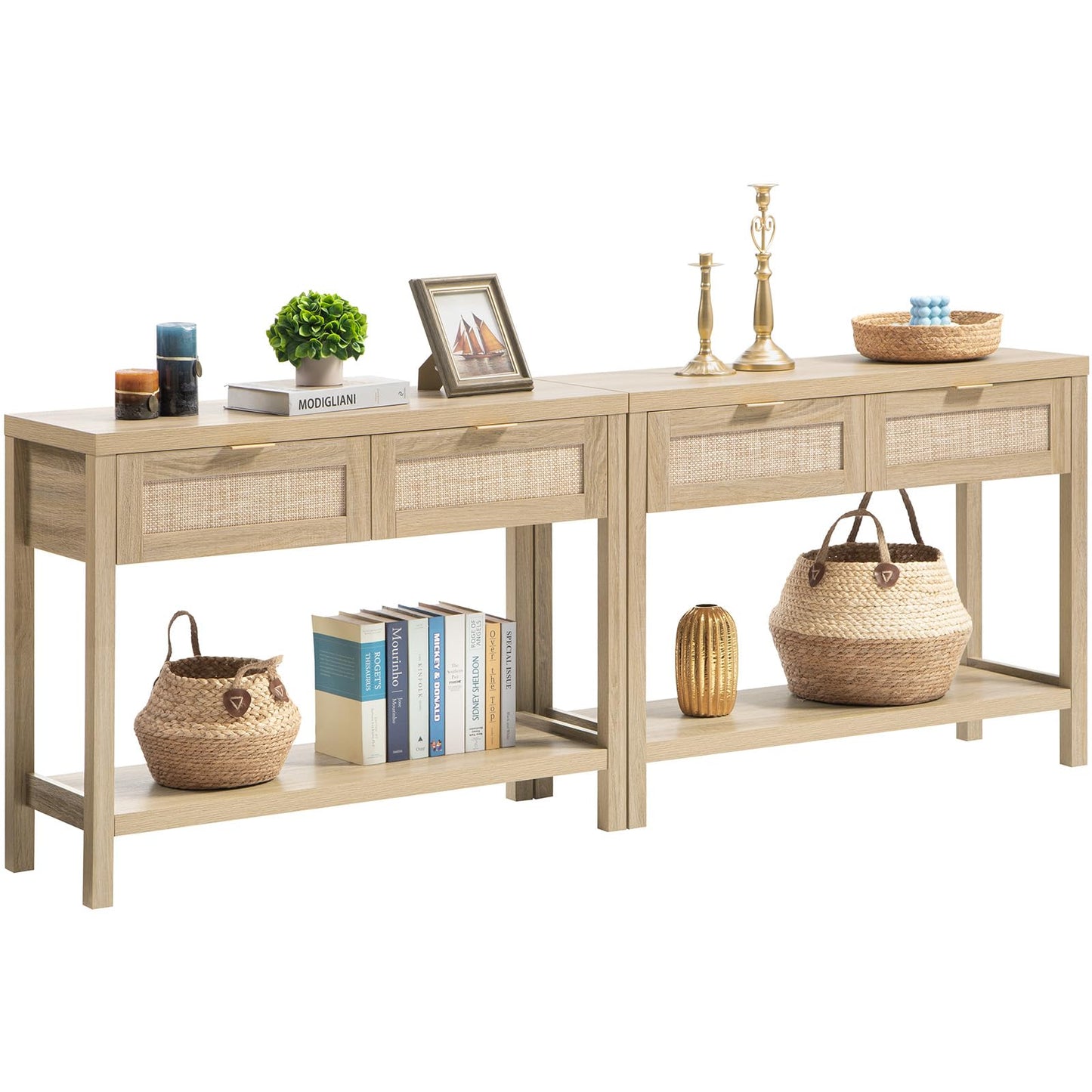 SICOTAS Konsolentisch 2er-Set – Boho-Eingangstisch mit Stauraum und Rattanschubladen, 2-stöckiges Regal, schmale lange Sofatische für das Wohnzimmer, Eingangstisch aus Naturholz für Flur, Foyer, helle Eiche 