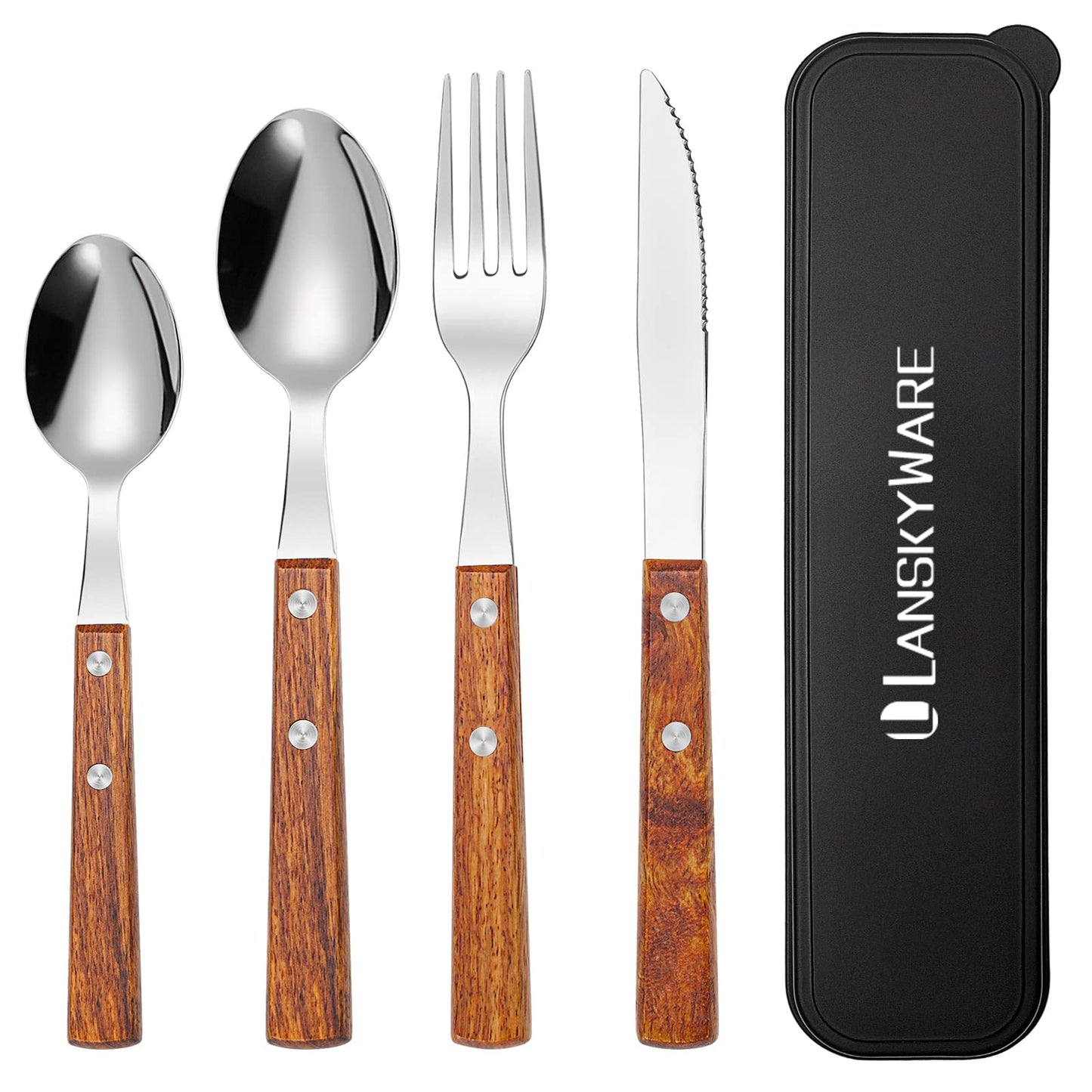 Portable Travel Utensils Set, 18/8 Stainless Steel 3 PCS Cutlery Set Including Knife Fork and Spoon, Reusable Travel Silverware Set with Case for Lunch Box Camping School Office