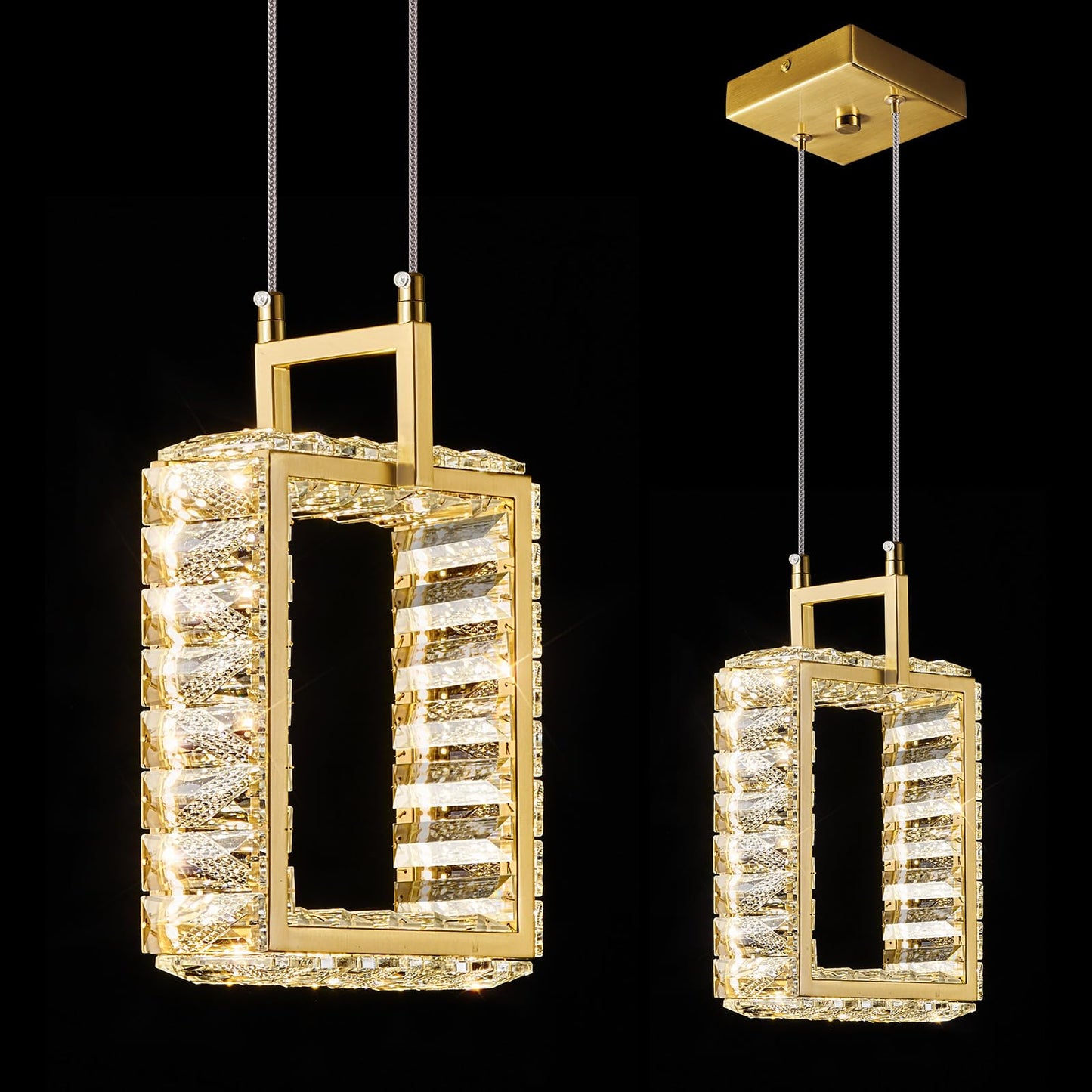 Kitchen Island Mini Light Fixture Modern Led Crystal Pendant Light Gold Rectangle Chandelier for Dining Room Living Room Kitchen Bedroom Bar（1-Pack）