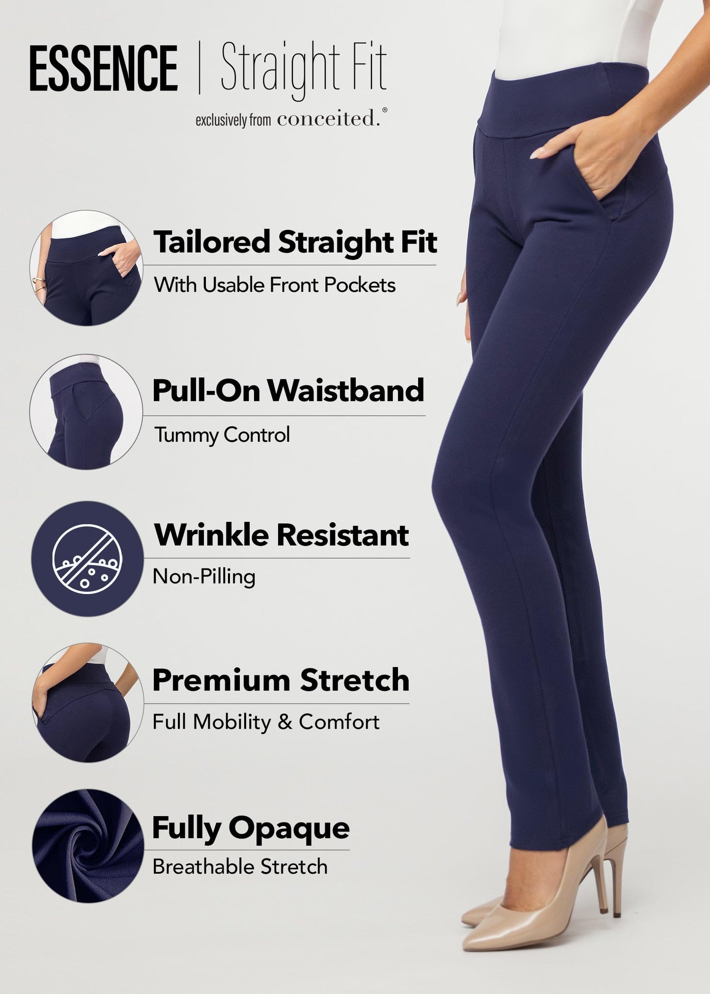 Conceited Dress Pants Women - Stretchy - Tummy Control - All Day Comfort Wear to Work - Womens Pants in Regular and Plus Size