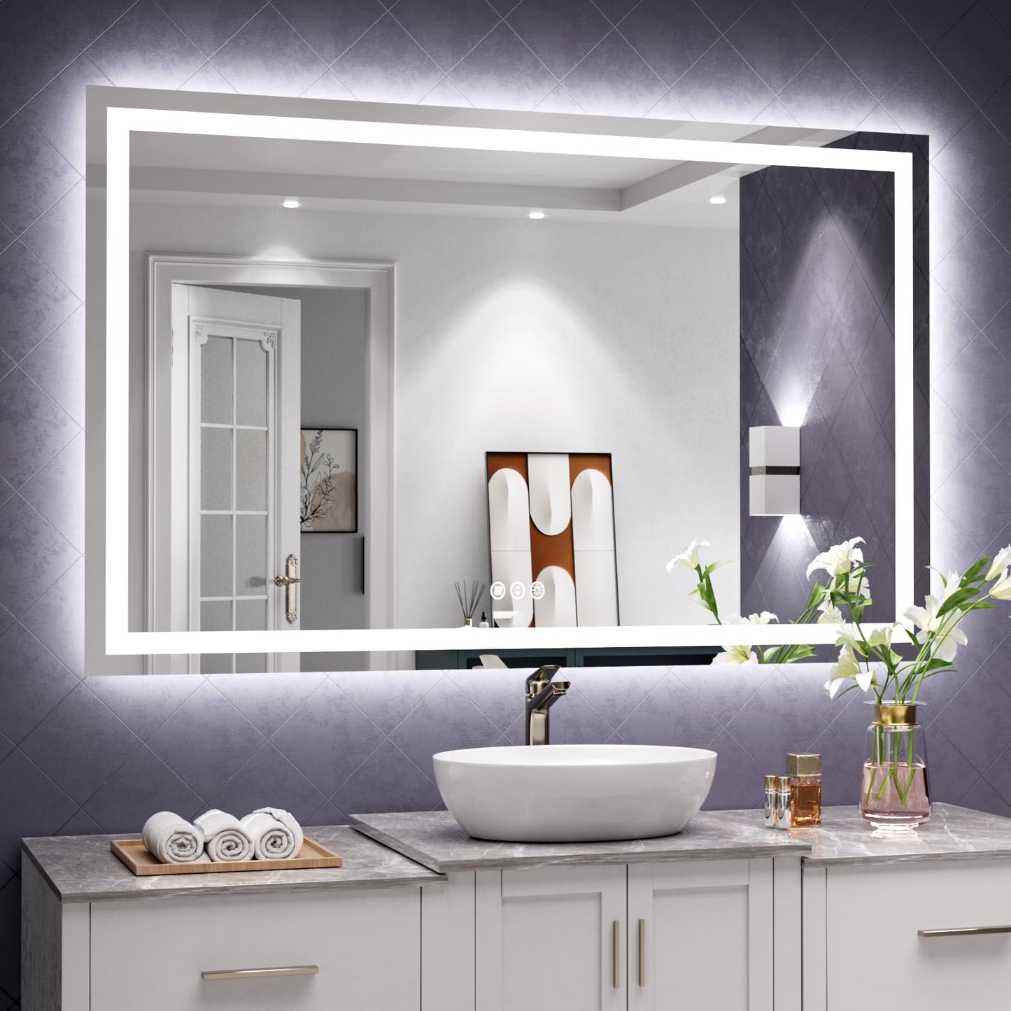 Amorho 20"x 28" LED Bathroom Mirror with Black Frame, Front Light and Backlit(Controlled Separately), Stepless Dimmable, Anti-Fog, Shatter-Proof, 3 Colors, Memory