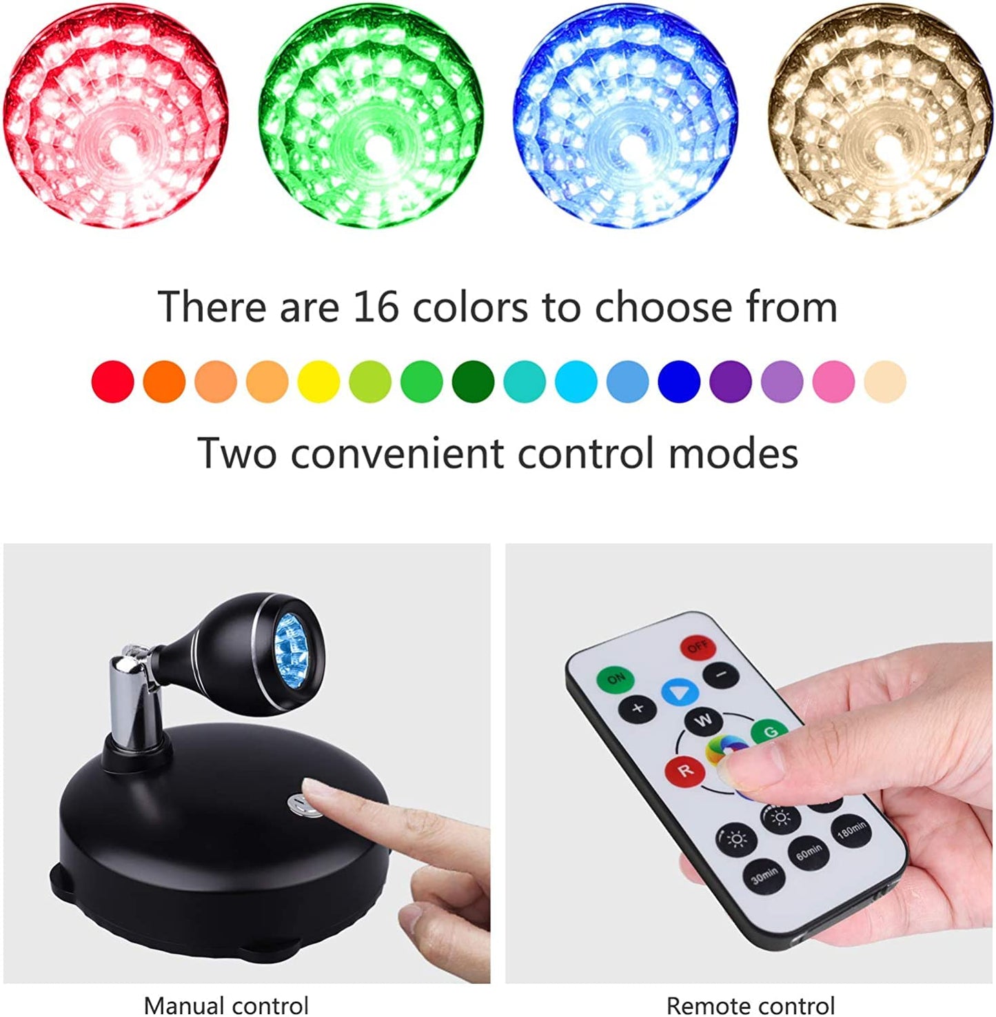 LEASTYLE LED Spot Light Indoor, Battery Operated Led Light Stick Up Lights with Remote, Mini Spotlight Dimmable Accent Lights for Lighting up Paintings Pictures(RGB 2 Pack)