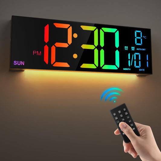 LEIKE Grande horloge murale numérique de 16,2 pouces avec télécommande, grande LED/double alarme/8 couleurs RVB/luminosité automatique/date/DST automatique/température/veilleuse Horloges de gym pour salon, chambre à coucher, bureau, décoration murale 