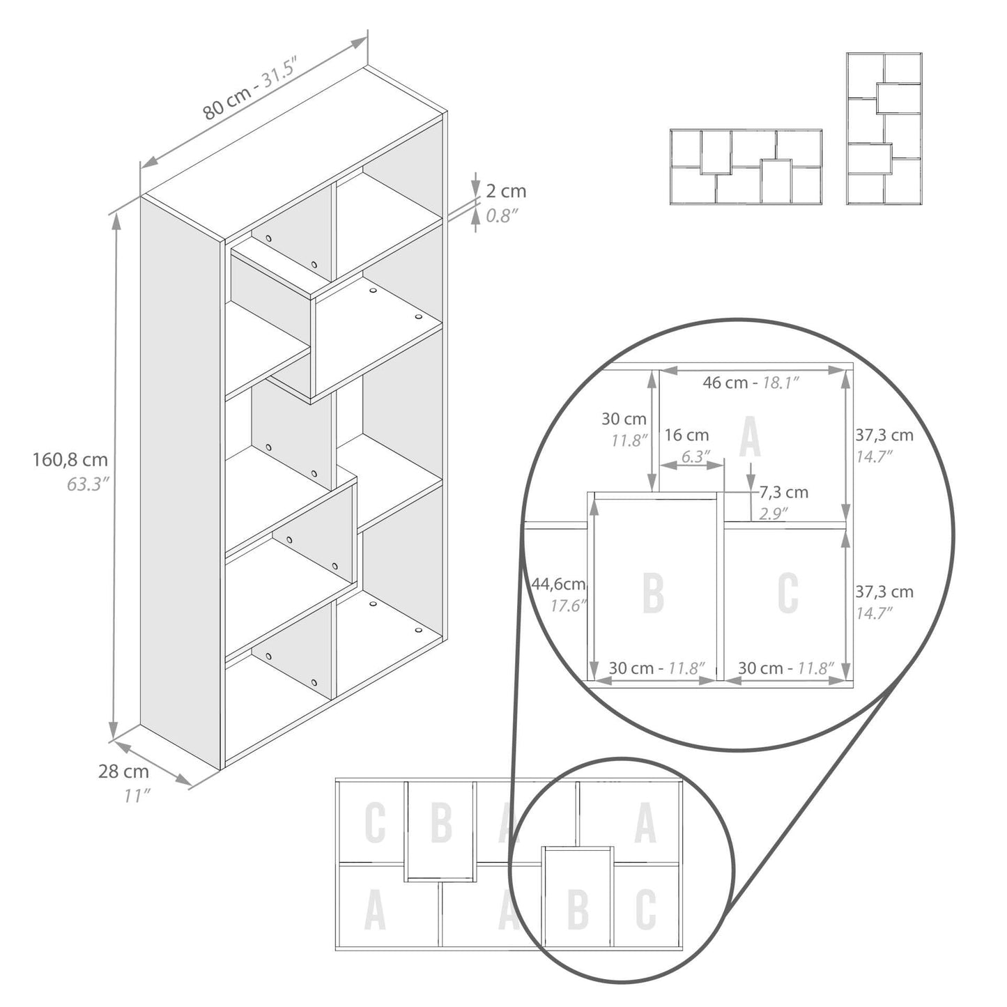 Mobili Fiver, Iacopo XS Bücherregal (63,31 x 31,5 Zoll), rustikale Eiche, Aufbewahrungsbücherregal, modernes Bücherregal für Wohnzimmer, Büro, italienische Möbel 