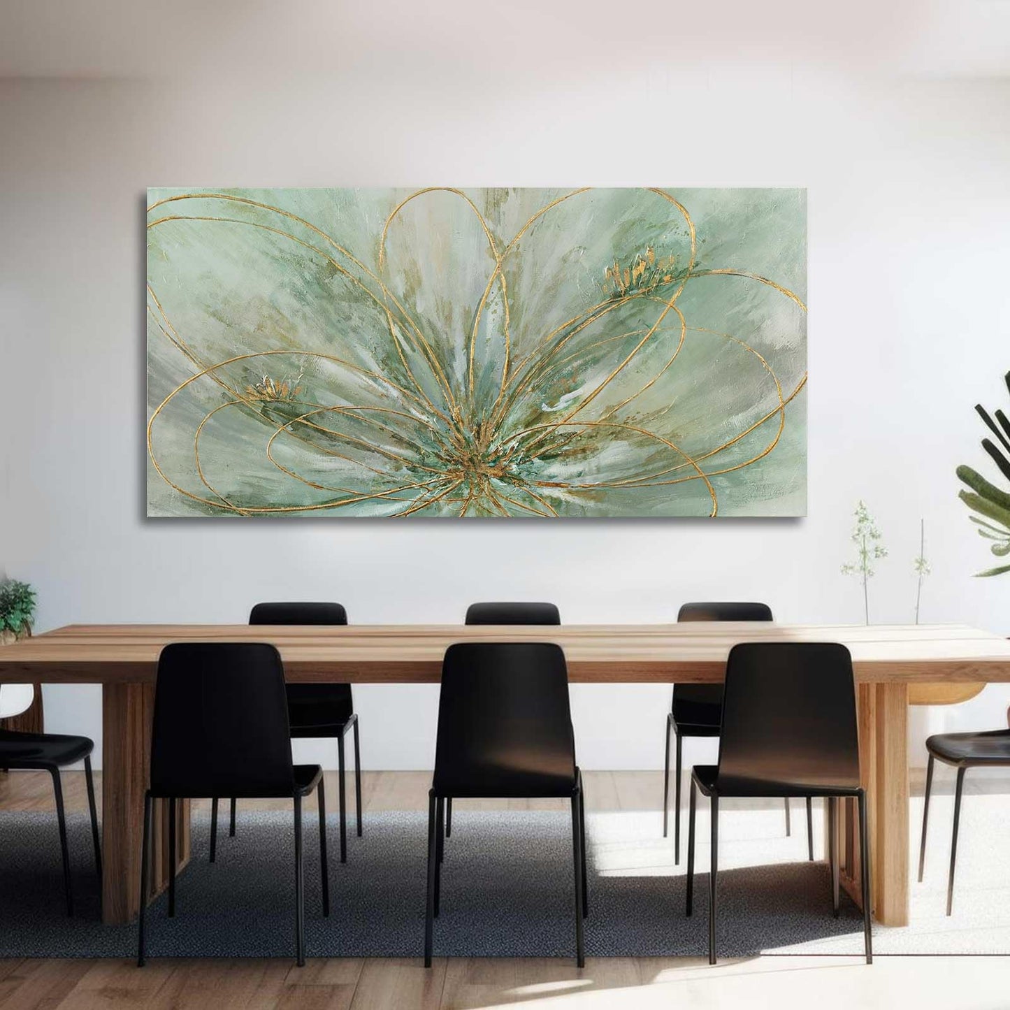 YJYart Abstrakte Wandkunst, Grün und Gold, handgemalt, Ölgemälde, Blüte, botanisch, großes Bild für Wohnzimmer, Schlafzimmer, Küche, Büro, 76,2 x 152,4 cm 