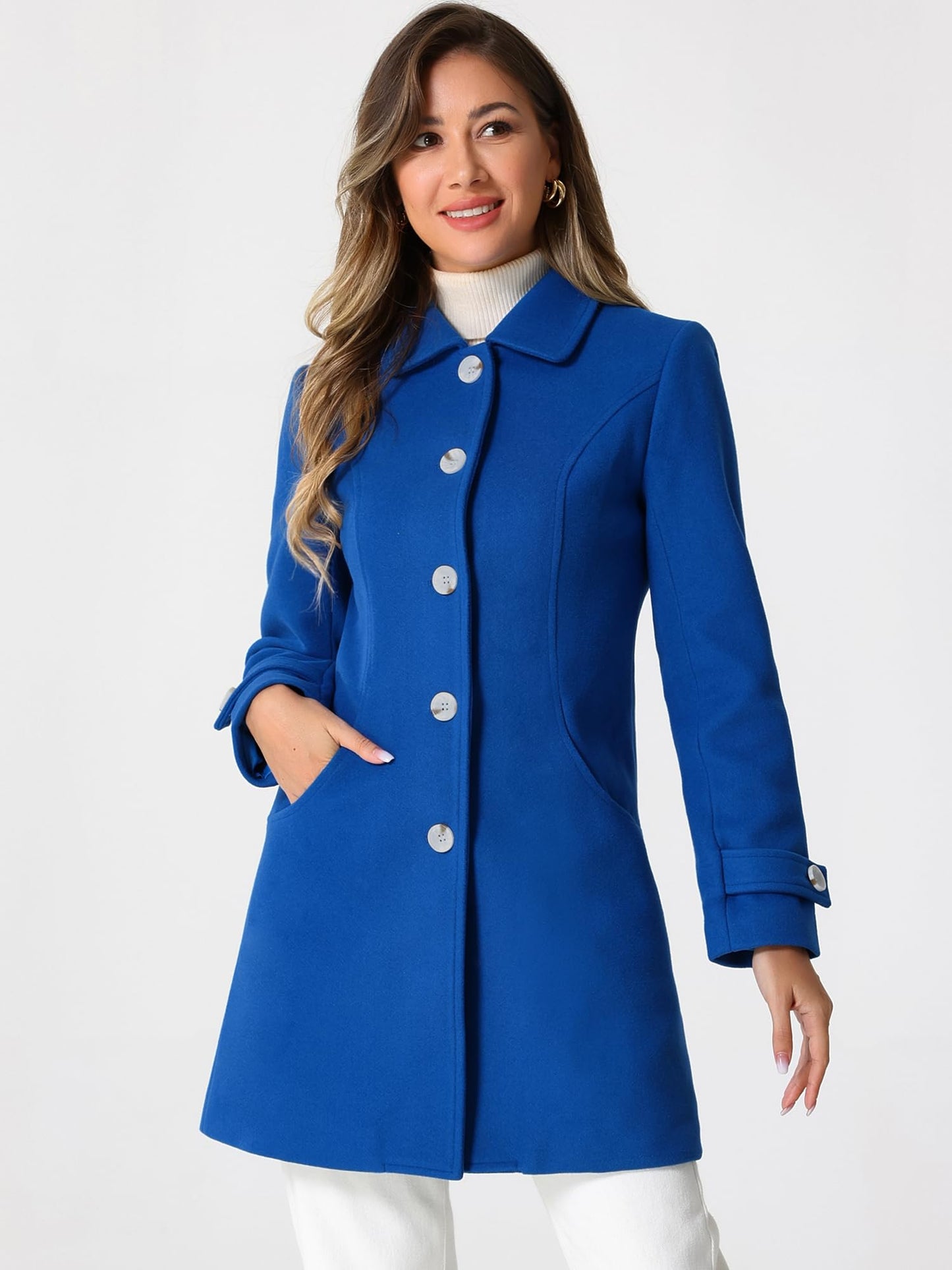 Allegra K Damen Winter Oberbekleidung Mantel Peter Pan Kragen Mitte Oberschenkel A-Linie Einreihig Pea Coat