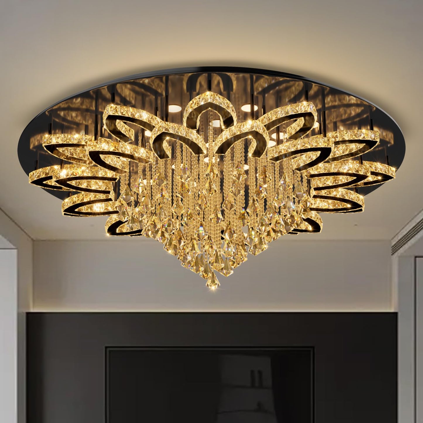 Flashing God W40 Modern Crystal Chandelier for Living Room Crystal Flush Mount LED Gold Ceiling Light Fixture for Foyer Dining Room Hallway Dimmable 2700k 4500k 6000k