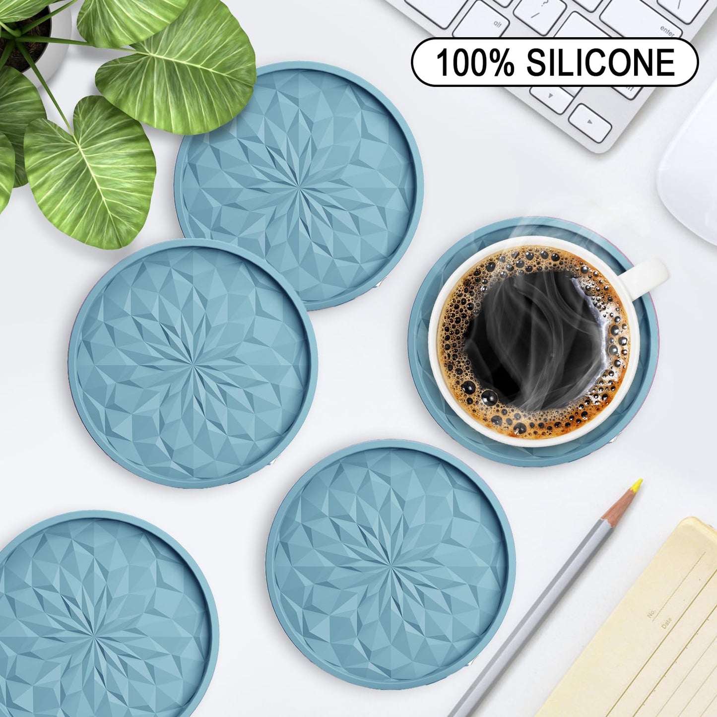 Dessous de verre en silicone ME.FAN [Lot de 6] Dessous de verre avec support - Dessous de verre - Tapis de tasse pour boissons - Pour boissons chaudes ou froides Épais, antidérapant, antiadhésif, plateau profond Bleu sarcelle 