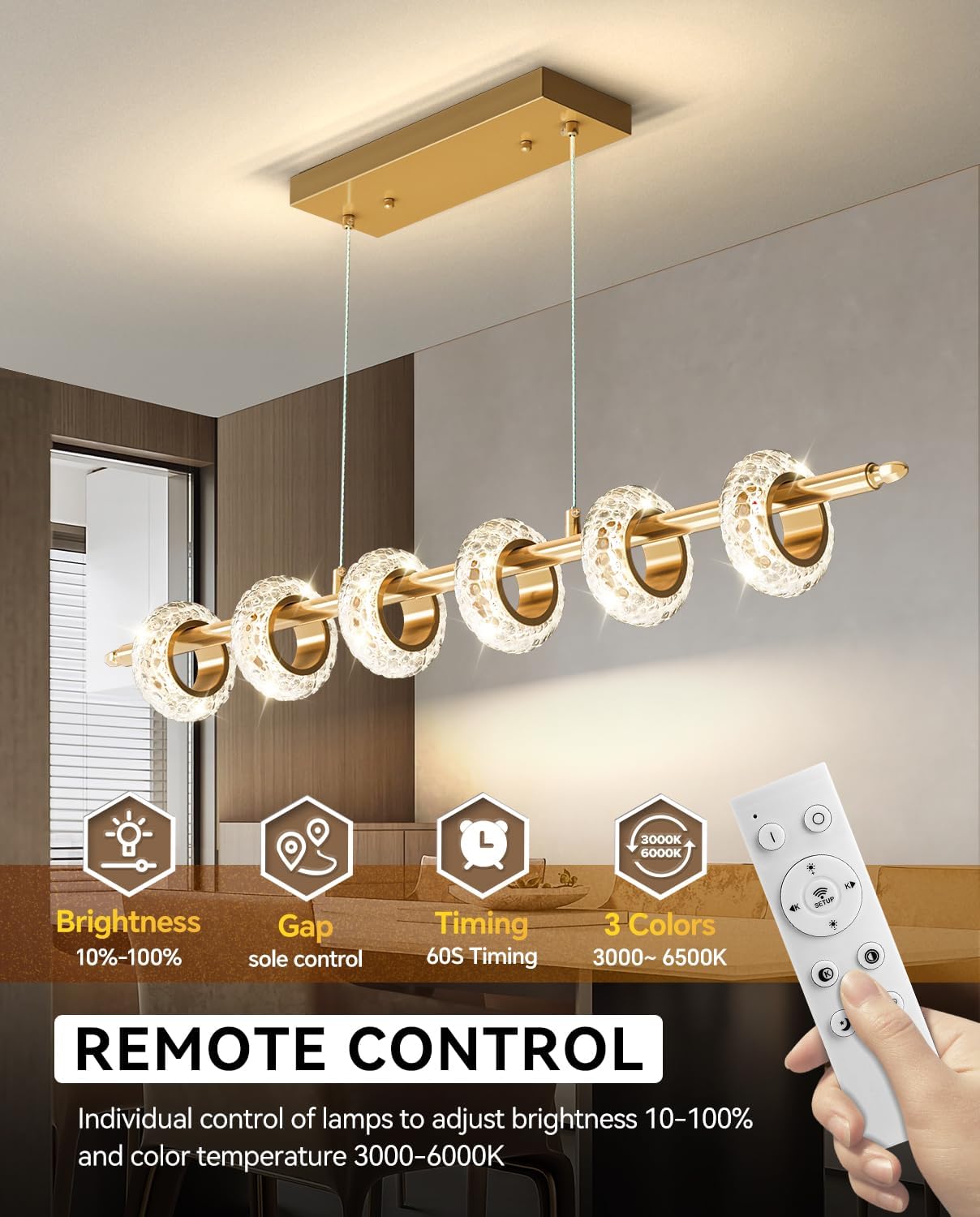 Lustre LED moderne à intensité variable avec télécommande, luminaires de salle à manger en cristal au-dessus de la table, suspension linéaire dorée 3000K-6500K pour îlot de cuisine 