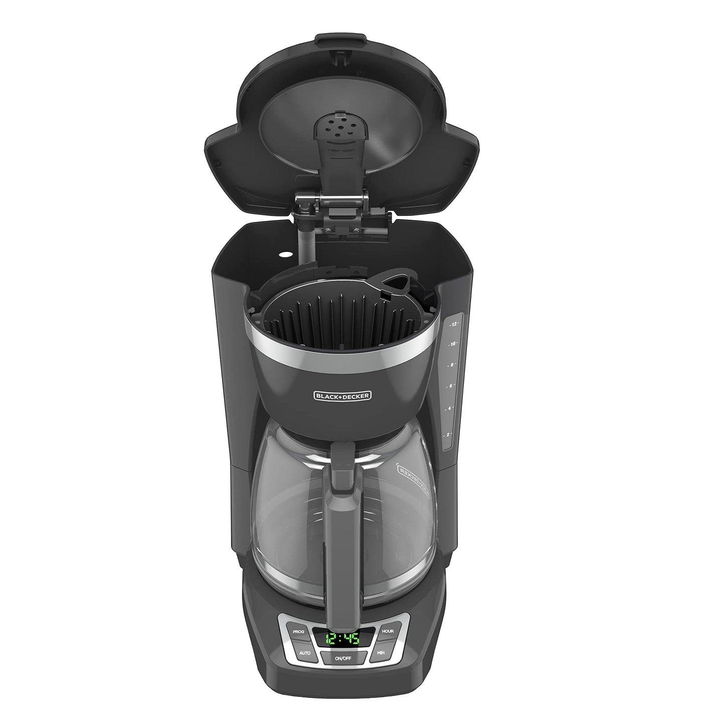 Cafetière numérique 12 tasses BLACK+DECKER, CM1160W, programmable, filtre à panier lavable, Sneak-A-Cup, infusion automatique, fenêtre d'eau, maintien de la plaque chauffante, blanc 