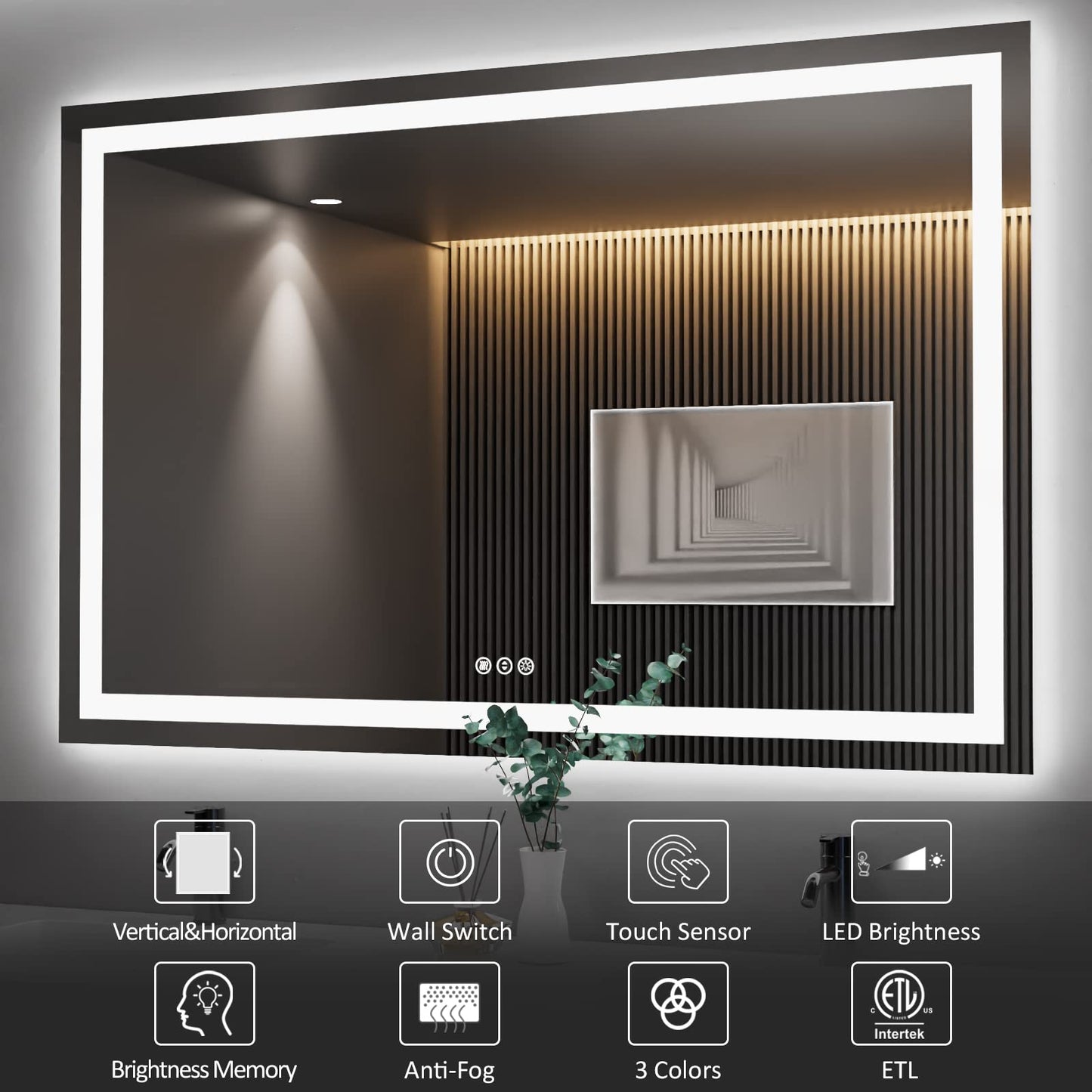 Amorho 20"x 28" LED Bathroom Mirror with Black Frame, Front Light and Backlit(Controlled Separately), Stepless Dimmable, Anti-Fog, Shatter-Proof, 3 Colors, Memory