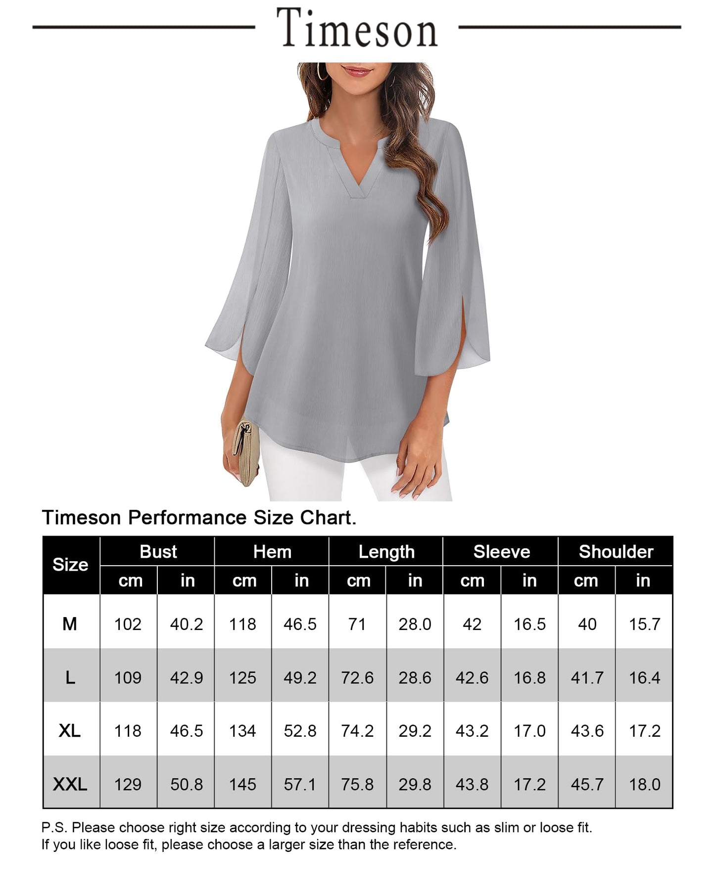 Timeson Damen Chiffonbluse mit 3/4-Ärmeln, V-Ausschnitt, elegante Tunika-Oberteile