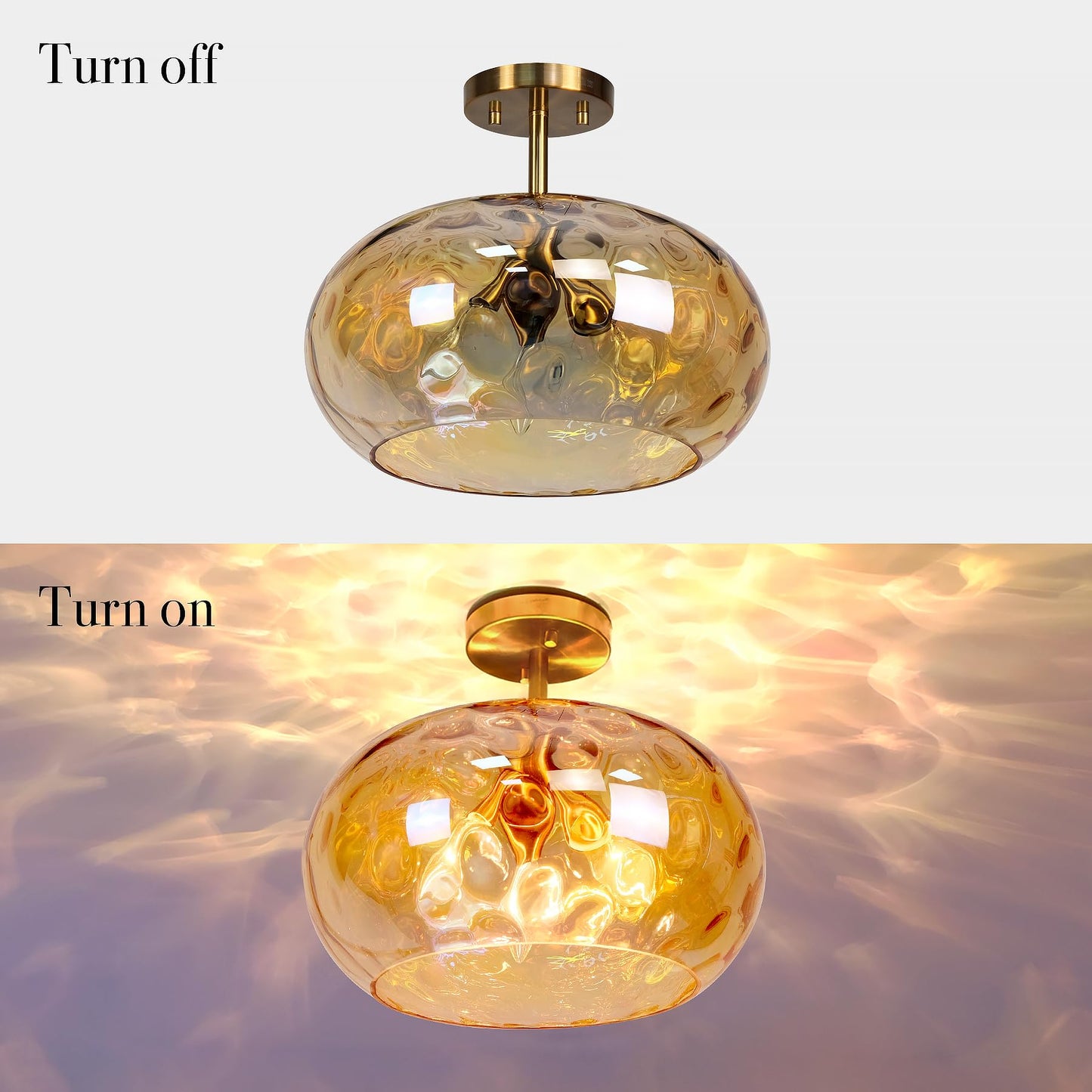 Brass Gold Semi Flush Mount Ceiling Fixture Large Hammered Glass Shade Modern Close to Ceiling Light 14" Art Lampshade for Hallway Foyer Bedroom (Stained Glass Shade, 14 Inches)