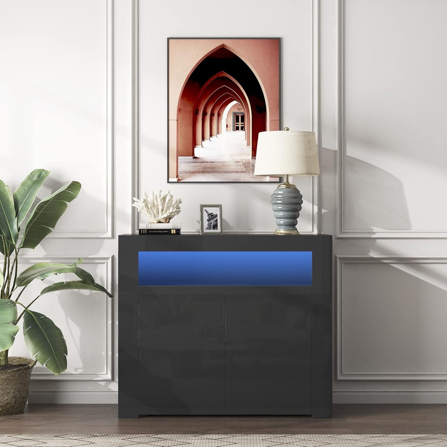 Sideboard, Vitrine mit LED-Licht, modern, schwarz, Hochglanz, Küchenaufbewahrungsschrank, Buffetschrank, Holz, Küchenzeile, Schrank, Buffetvitrine, TV-Ständer mit 2 Türen für Flur, Esszimmer 