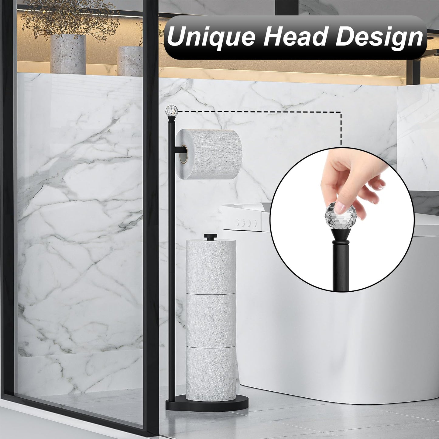 Weighted Freestanding Toilet Paper Holder – Metal Bathroom Stand with Crystal Accent