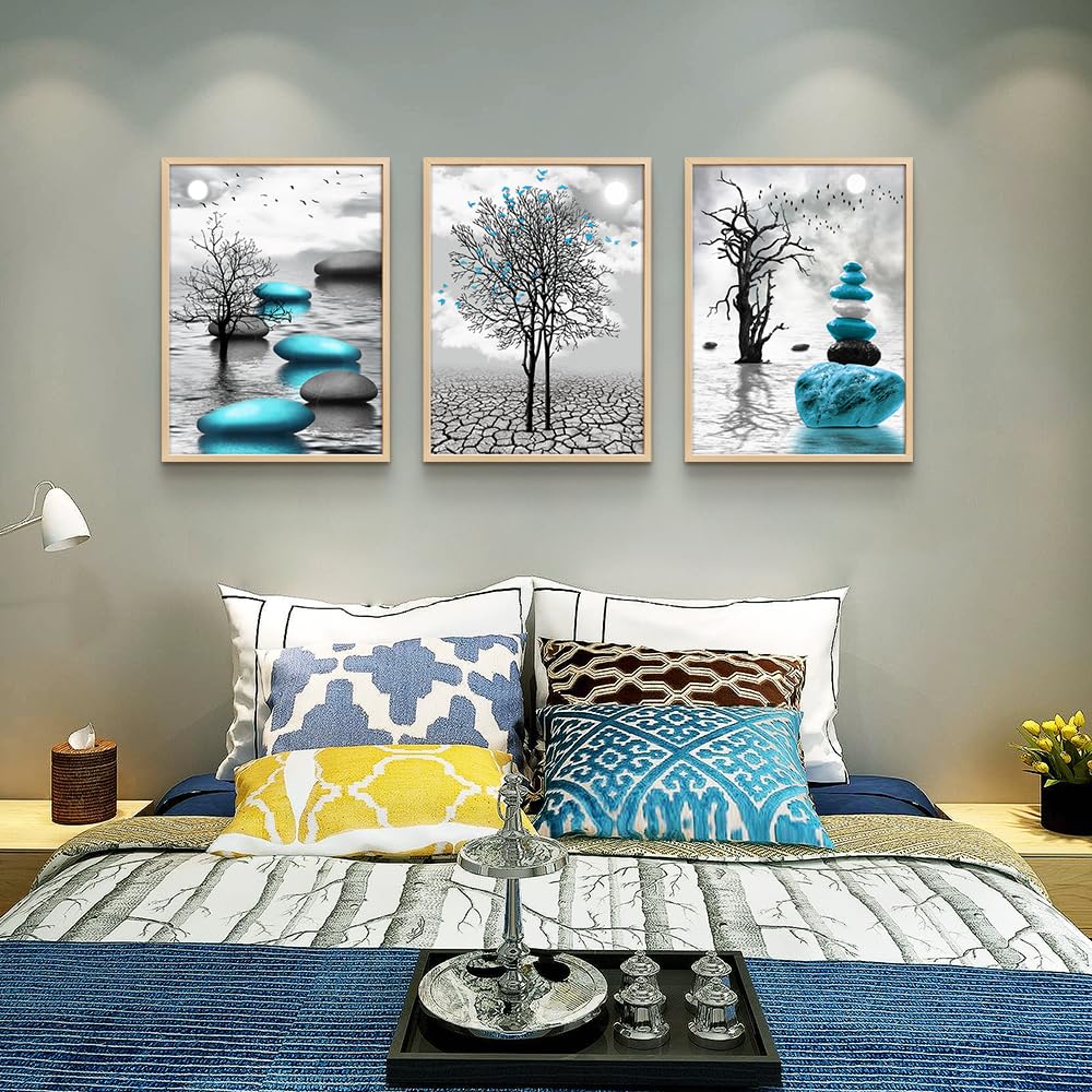 Art mural sur toile pour salon Décoration murale pour chambre Salle de bain Peintures en noir et blanc Impressions d'art sur toile encadrées modernes en 3 parties Prêtes à accrocher Images abstraites bleues inspirantes Décorations pour la maison 