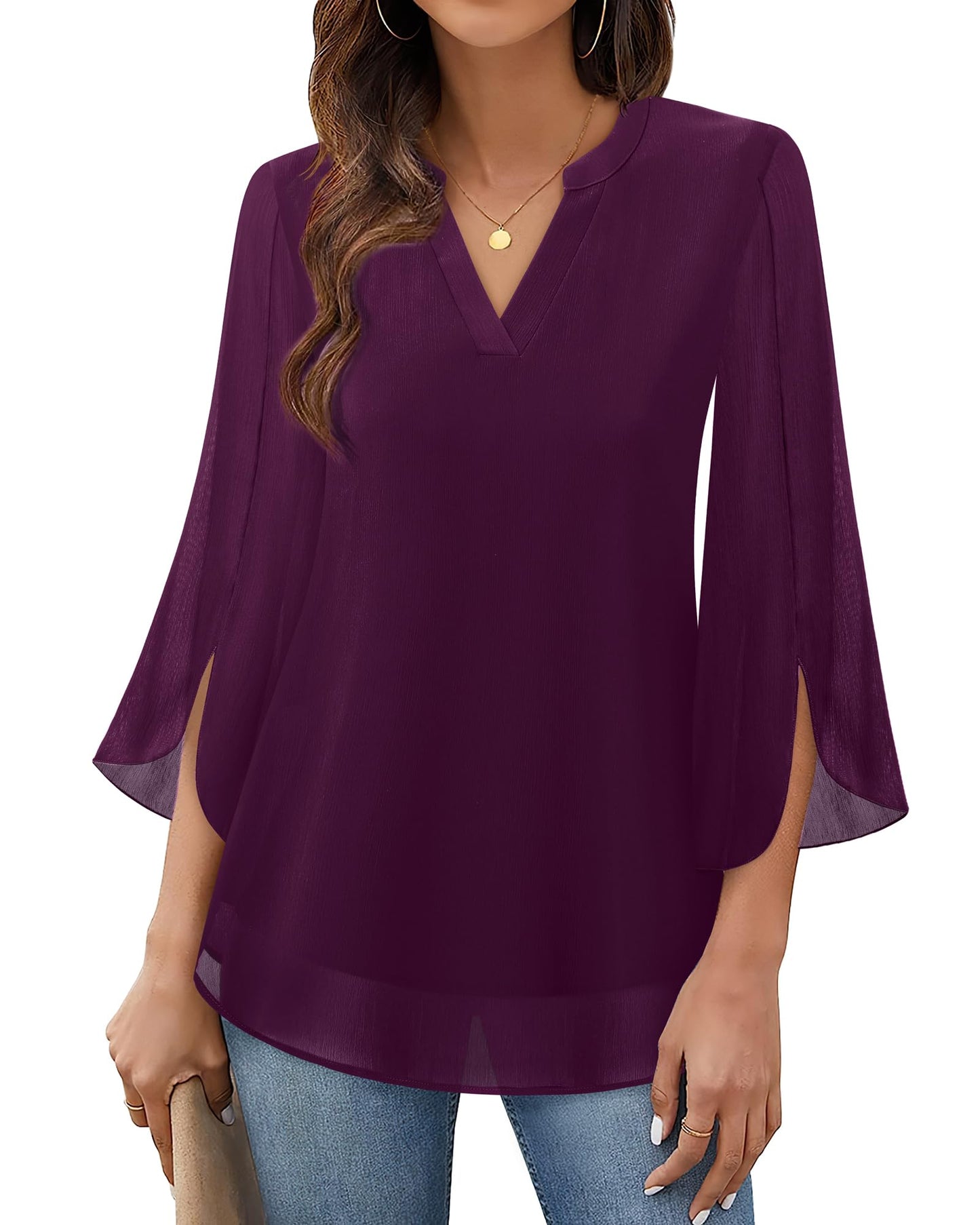 Timeson Women's 3/4 Sleeve Chiffon Blouse Shirt V Neck Dressy Tunic Tops