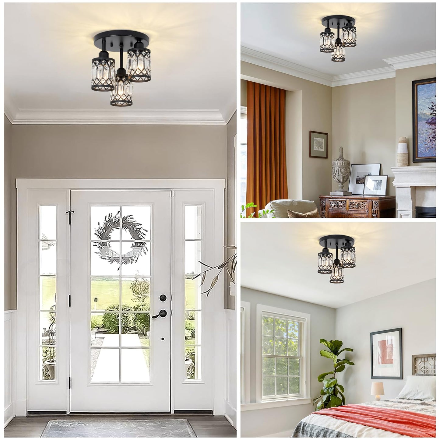 3-Light Crystal Semi Flush Mount Ceiling Light | Black Modern Fixture for Kitchen, Hallway & Bedroom