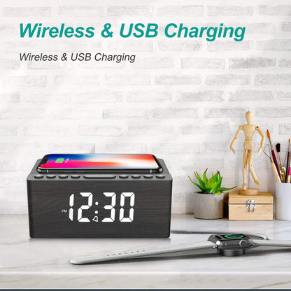 Digital Alarm Clock with FM Radio & Wireless Charging – Qi-Certified, LED Display, USB Port, Sleep Timer