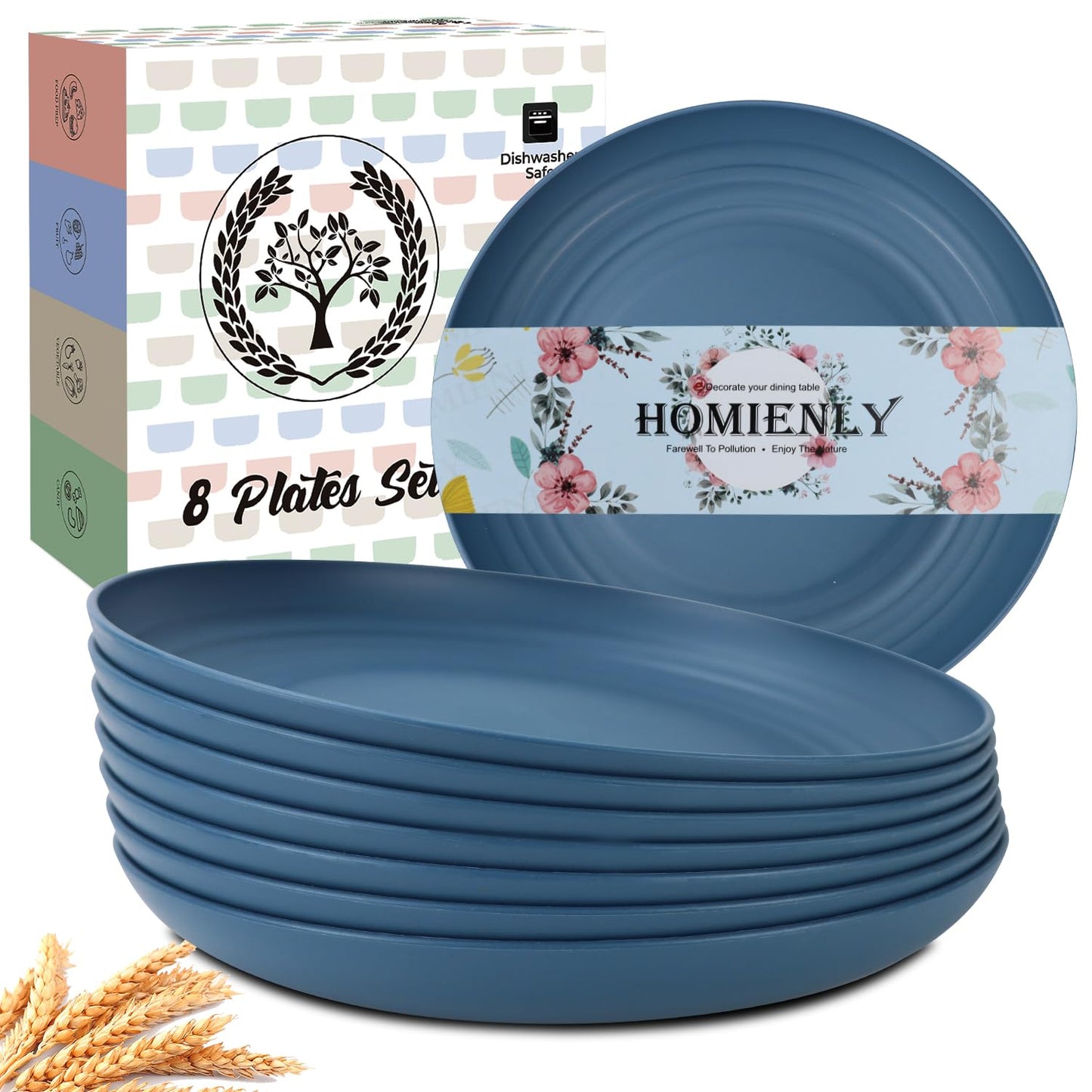 Homienly Deep Dinner Plates Set of 8 Alternative for Plastic Plates Microwave and Dishwasher Safe Wheat Straw Plates for Kitchen Unbreakable Kids Plates with 4 Colors (Classic Bright, 9 inch)