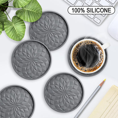 Silicone Coasters with Holder – 6-Pack, Thickened Non-Slip Deep Tray Drink Coasters