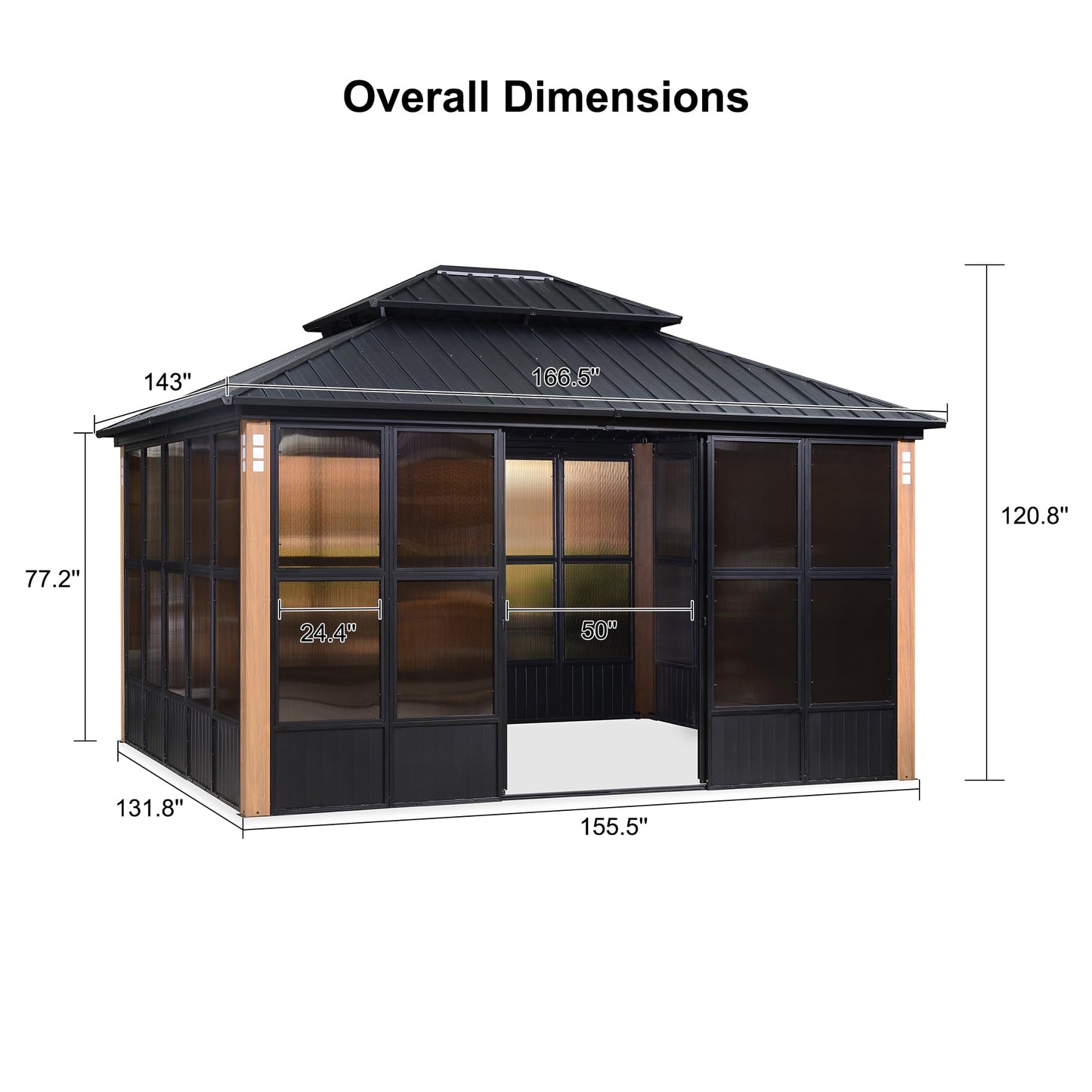 PURPLE LEAF Gazebo à toit rigide pour patio de 12 pi x 14 pi, solarium extérieur à double toit en aluminium, véranda arrière avec fenêtres amovibles 