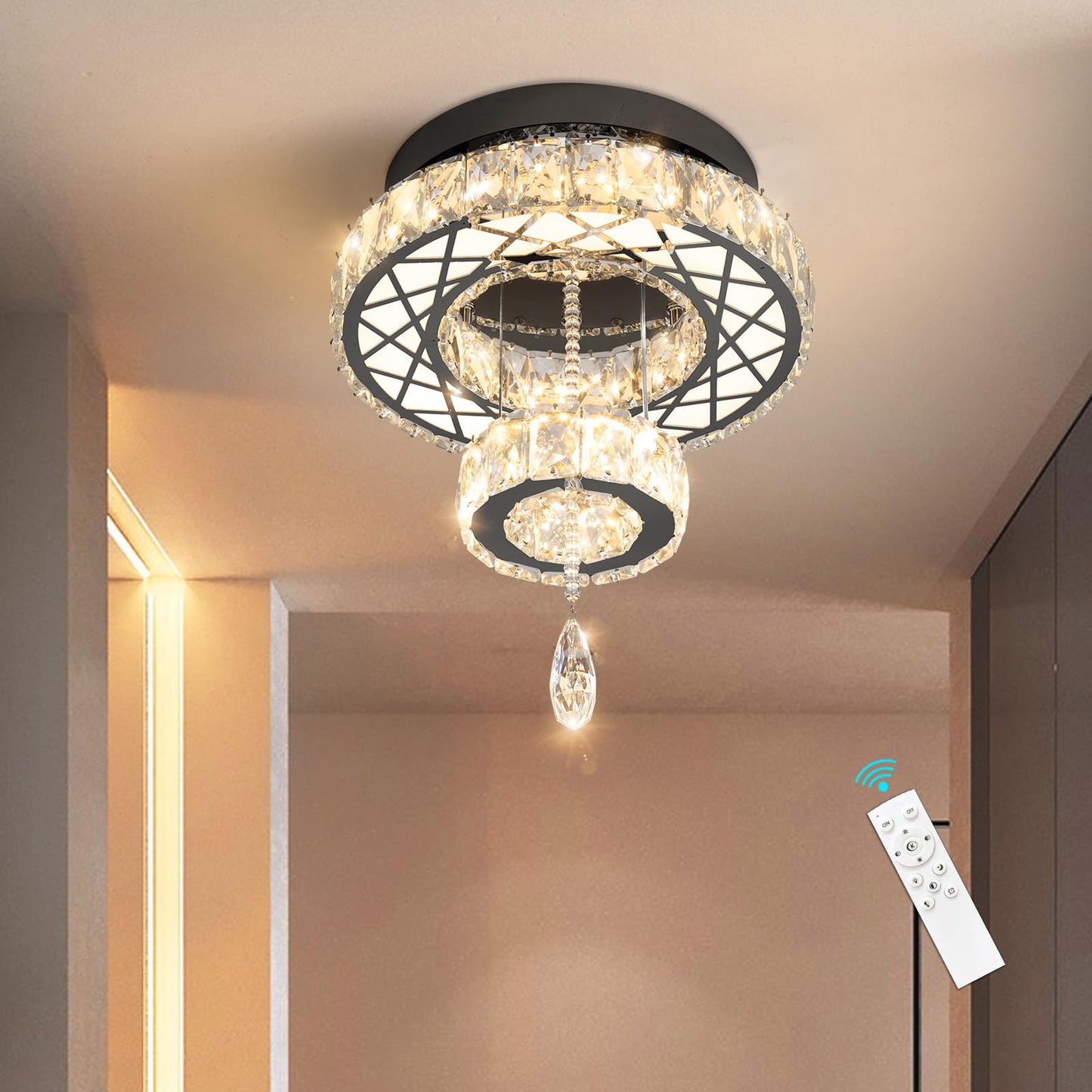 Modern Flush Ceiling Chandelier Bedroom Light Fixtures Crystal Flat Sloping Ceiling Lights for Hallway Kitchen Dining Room Dimmable Light with Remote Gold