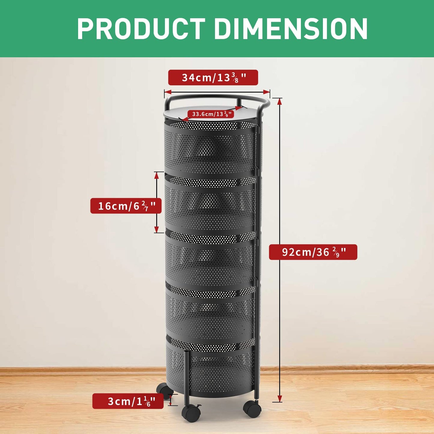 No Assembly Required Vegetable Storage Rack, 4-Tier Rotating Fruit Basket with Wheels, Heavy Duty Carbon Steel Kitchen Storage Cart