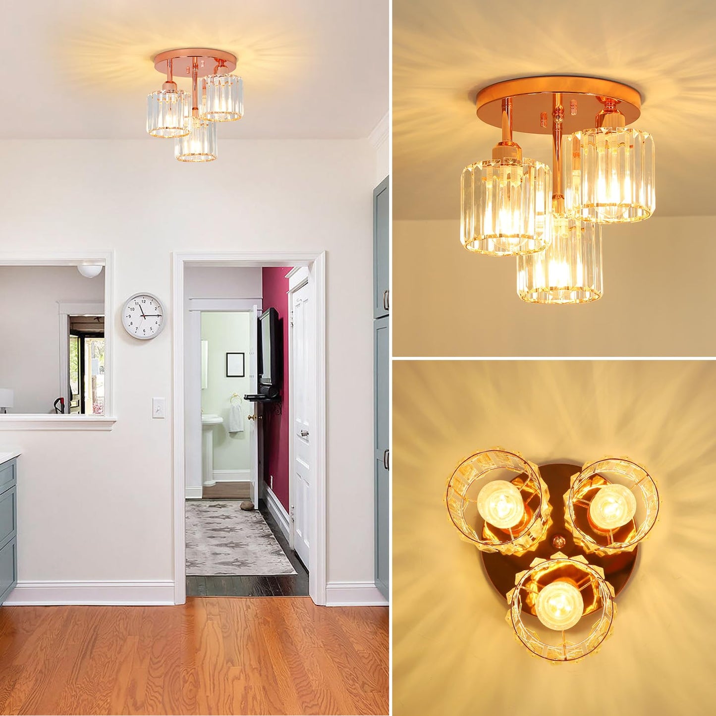 Crystal Semi Flush Ceiling Light – Modern Black Fixture, Clear Shade