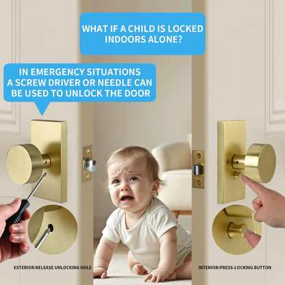 Privacy Door Knob with Reversible Keyless Push Lock, Modern Rectangular Long Plate Interior Door Lock