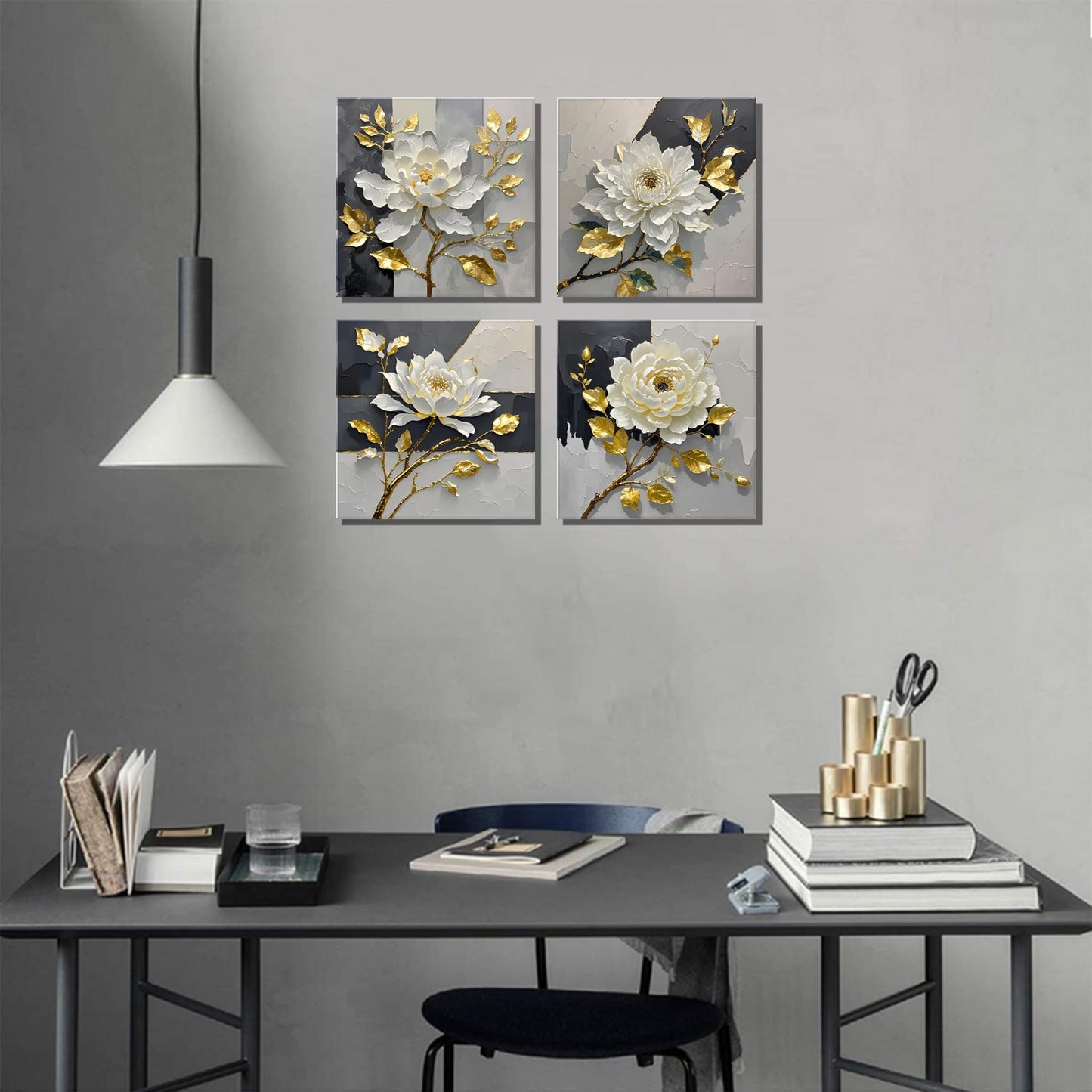 Peinture sur toile de fleurs dorées et blanches, art abstrait, peinture décorative murale moderne noire, blanche et grise, idéale pour le bureau, les loisirs et la maison (12" x 12" x 4 pièces encadrées). 