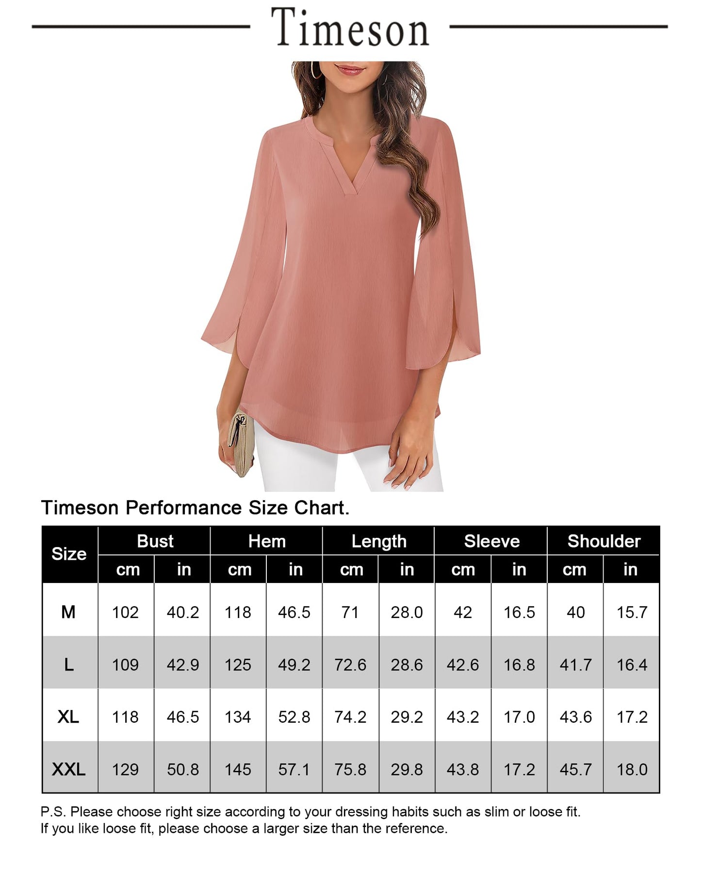 Timeson Damen Chiffonbluse mit 3/4-Ärmeln, V-Ausschnitt, elegante Tunika-Oberteile