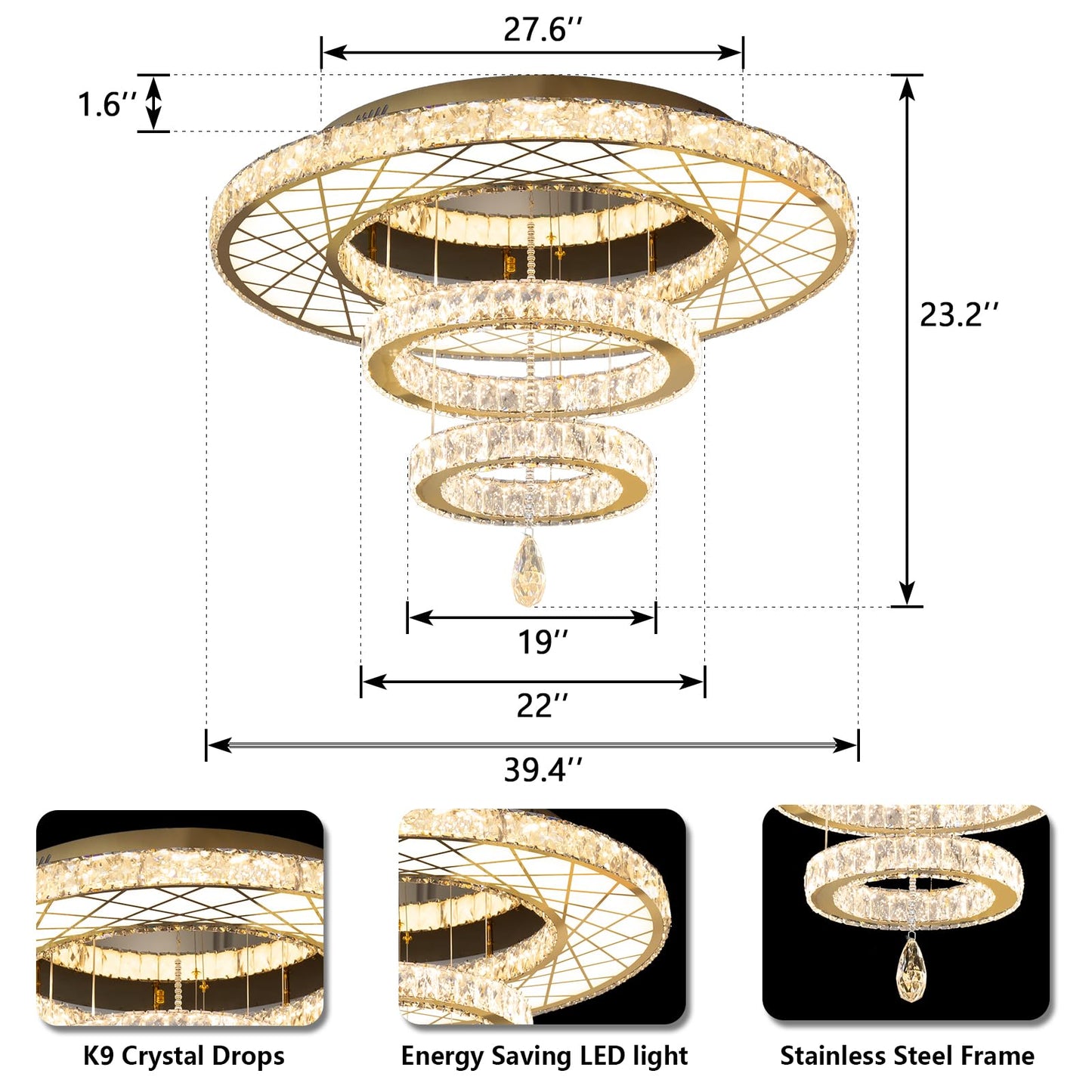 Modern Flush Ceiling Chandelier Bedroom Light Fixtures Crystal Flat Sloping Ceiling Lights for Hallway Kitchen Dining Room Dimmable Light with Remote Gold