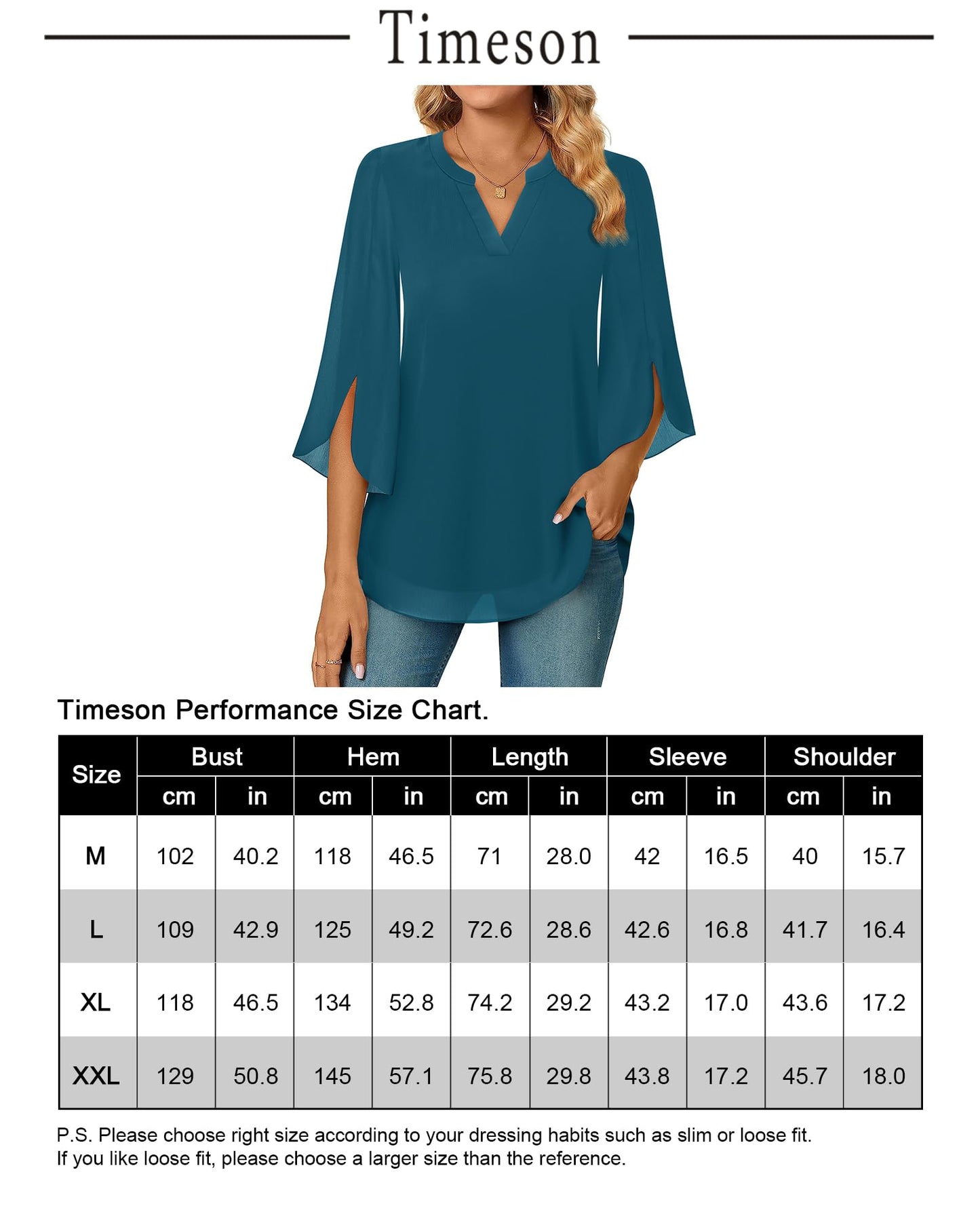 Timeson Damen Chiffonbluse mit 3/4-Ärmeln, V-Ausschnitt, elegante Tunika-Oberteile