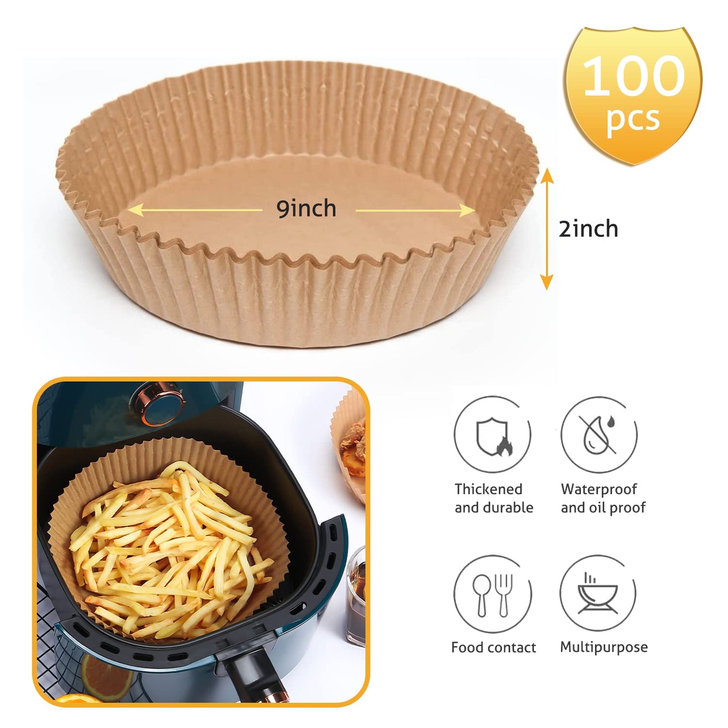 Ailun Lot de 100 doublures en papier pour friteuse à air comprimé 20,3 cm, antiadhésives, résistantes à l'huile, jetables, de qualité alimentaire, sans javel, carrées pour friteuse à air comprimé de 5 à 8 QT, cuisson, rôtisserie, micro-ondes 