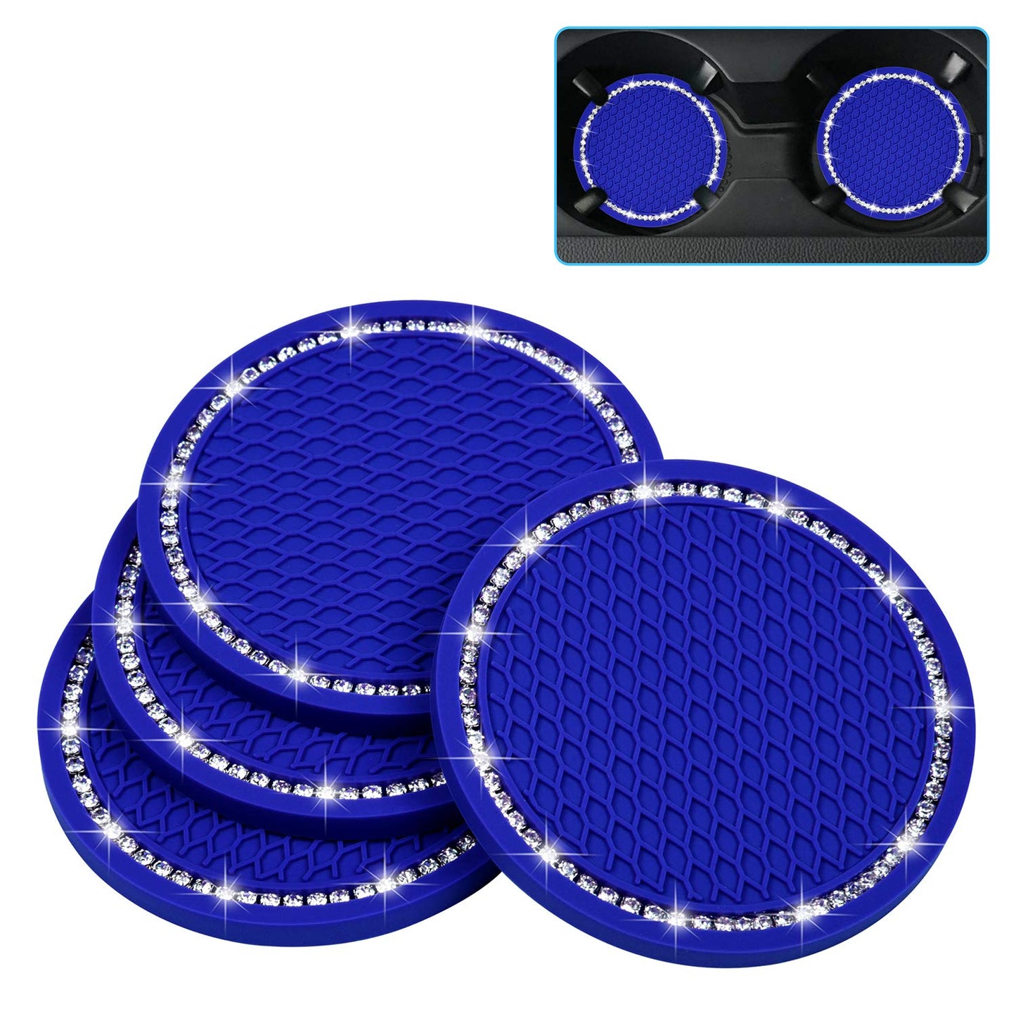 Dessous de verre Bling Car, Wisdompro Lot de 4 dessous de verre en PVC pour porte-gobelet de voiture - Accessoires d'intérieur de véhicule universels antidérapants Tapis de tasse à paillettes en cristal pour femmes et hommes (2,75" de diamètre, noir) 