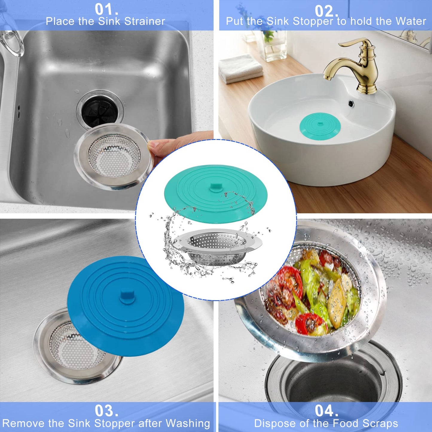 V-TOP Sink Strainer Stopper 4 Pack, Universal Silicone Kitchen Sink Drain Strainer Cover Plug Stopper Kit, 4.5 Inch Stainless Steel Sink Filter Strainer, Food Catcher for Kitchen Sink