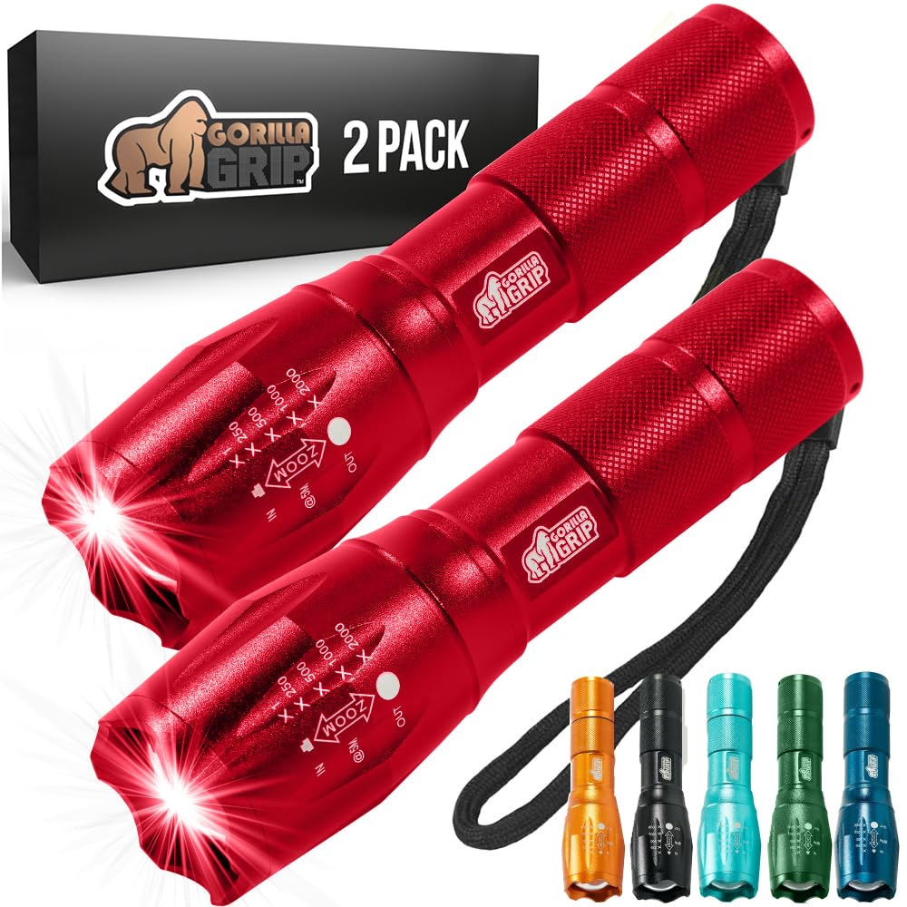 Gorilla Grip Powerful LED 750 FT Water Resistant 5 Adjustable Mode Tactical Flashlight, High Lumens Ultra Bright Battery Zoom Flashlights, Small Camping Car Mini Flash Light Accessories, 2 Pack Gold