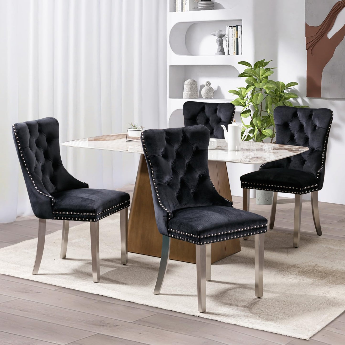 Lot de 8 chaises de salle à manger en cuir SoarFlash, chaise d'appoint à dossier haut, chaise d'appoint rembourrée moderne avec anneau de dossier à boutons, pieds en bois massif (noir et gris) 