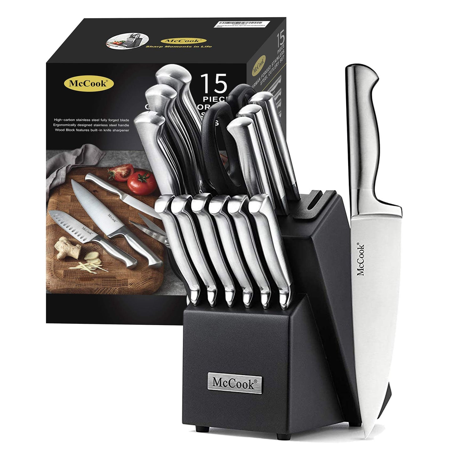 Ensemble de couteaux McCook®, ensemble de couteaux de cuisine en acier inoxydable Golden Titanium avec aiguiseur intégré 