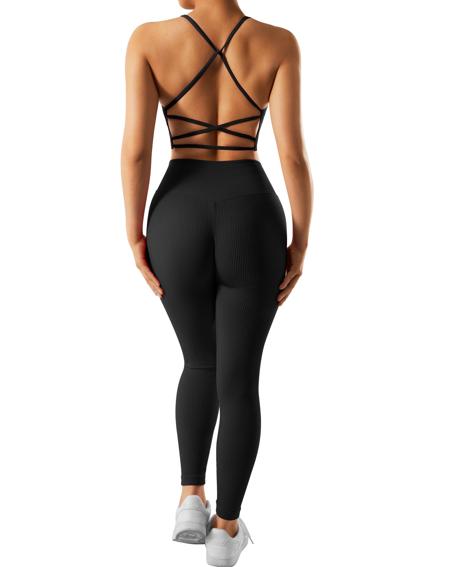 RXRXCOCO Ribbed Workout Sets for Women 2 Piece Backless Strappy Sports Bra Seamless Leggings Matching Set Yoga Outfits