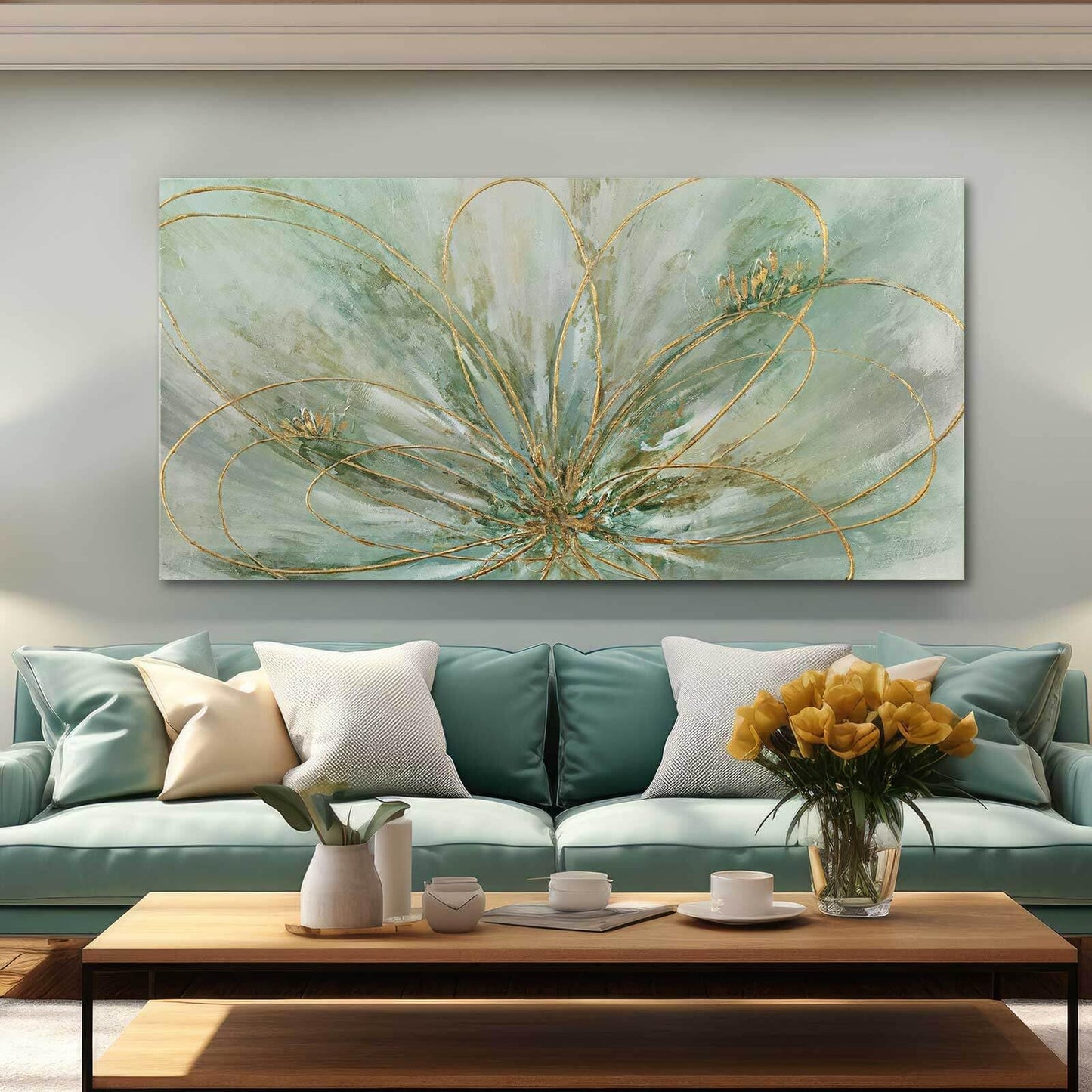 YJYart Abstrakte Wandkunst, Grün und Gold, handgemalt, Ölgemälde, Blüte, botanisch, großes Bild für Wohnzimmer, Schlafzimmer, Küche, Büro, 76,2 x 152,4 cm 