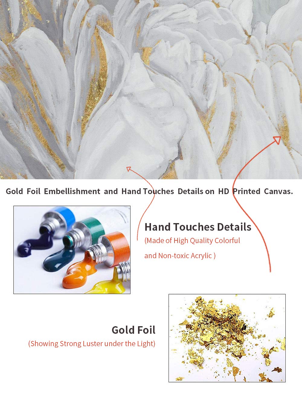 Goldfoilart Décoration murale florale moderne en fleurs blanches avec peintures en feuille d'or, œuvres d'art encadrées pour salon, chambre à coucher, cuisine, 61 x 61 cm x 2 pièces 